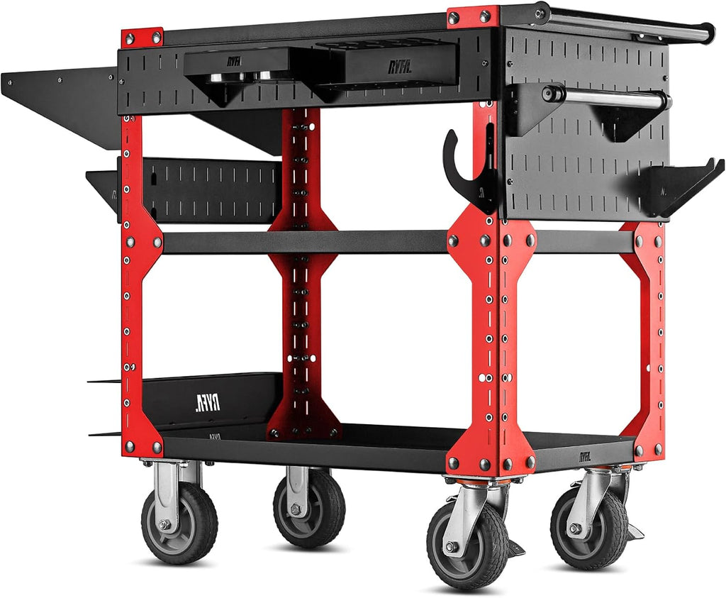 Red Shopmule Rolling Tool Cart, 1250 lb Capacity, Heavy-Duty Steel Utility Cart with 6" Locking Casters, Tray Mats