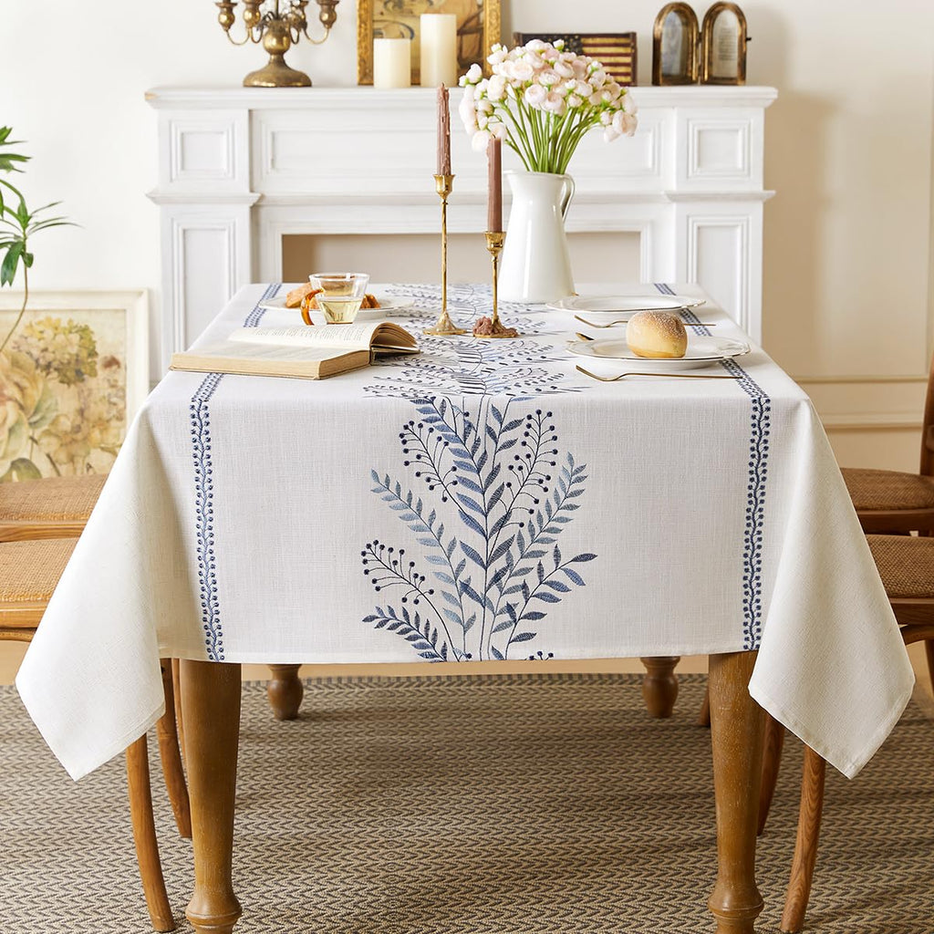Linen Style Embroidered Tablecloth 55"x71" Rectangle Blue
