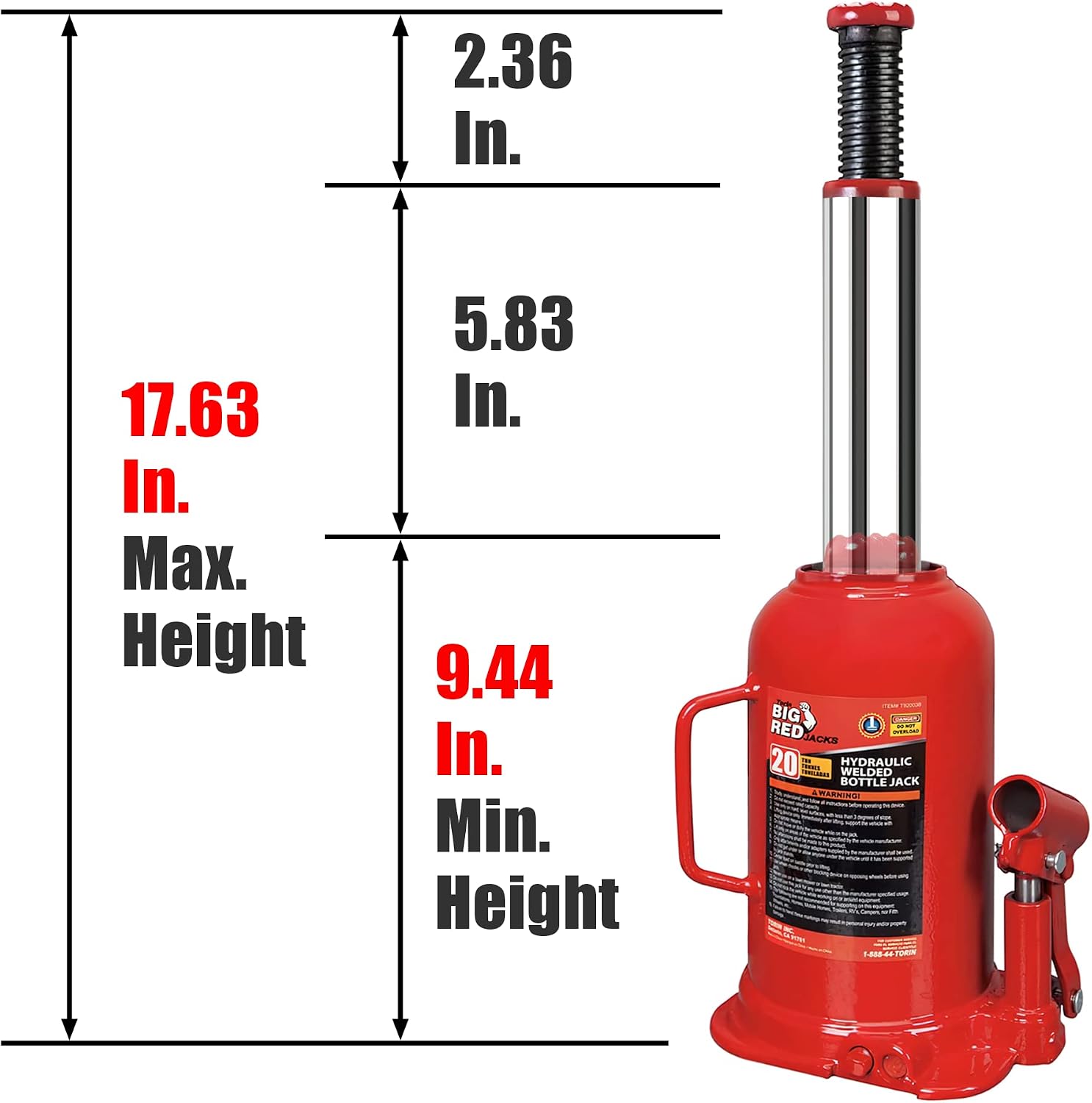 T92003B Torin Hydraulic Welded Bottle Jack, 20 Ton (40,000 lb) Capacity, Red