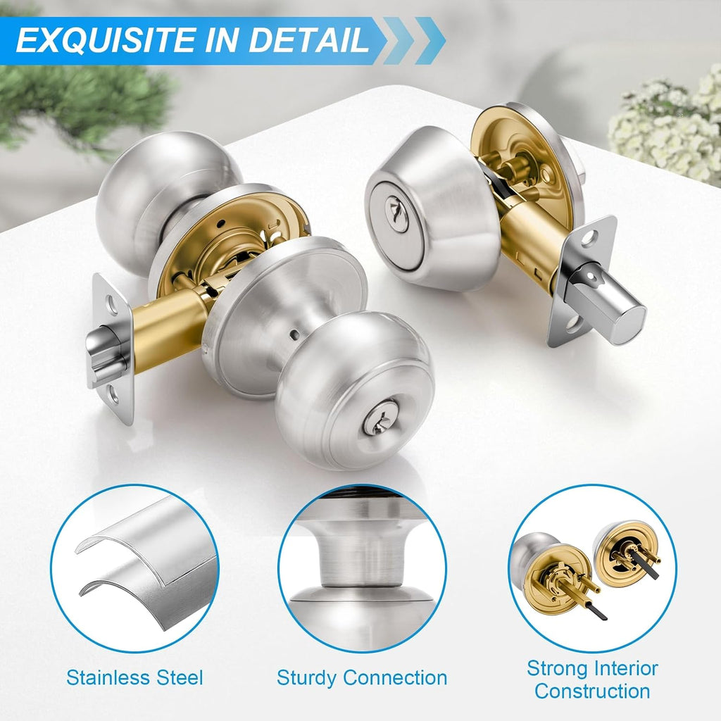 2 Pack Entry Door Lock and Single Cylinder Deadbolt Combo Set, Keyed Alike Satin Nickel Exterior Door Knobs with
