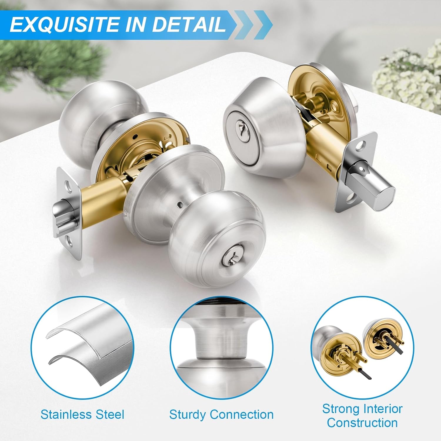2 Pack Entry Door Lock and Single Cylinder Deadbolt Combo Set, Keyed Alike Satin Nickel Exterior Door Knobs with