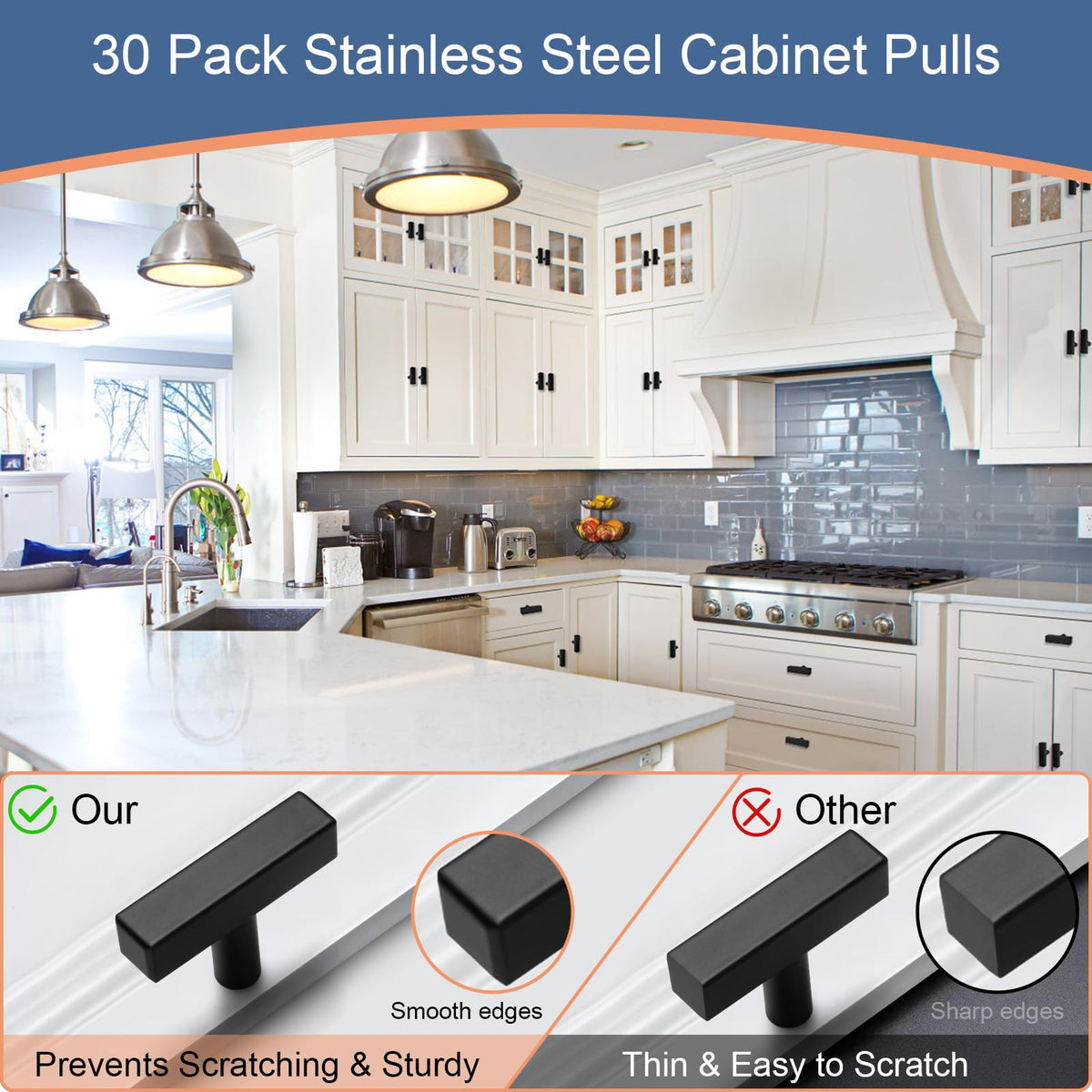30 Pack Matte Black Kitchen Cabinet Knobs, 2" Length Drawer Handles