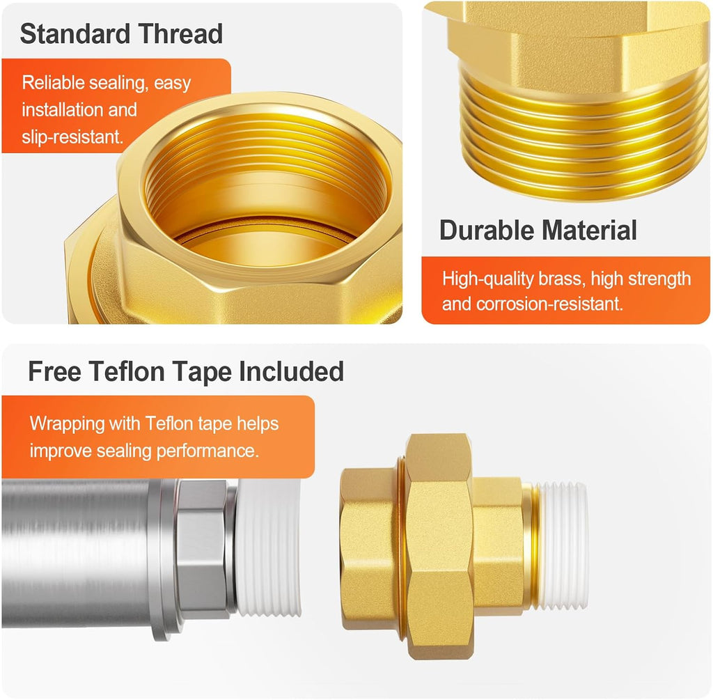 GASHER 2PCS 1" NPT (F x M) Brass Union Pipe Fitting