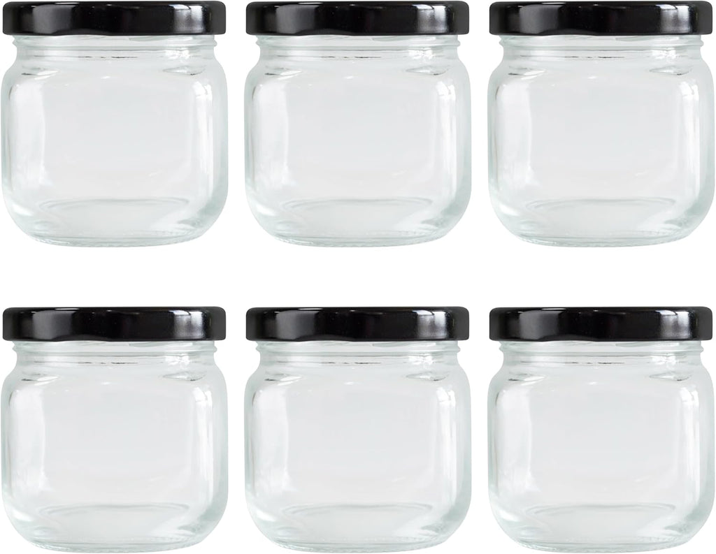 6oz Square Round Glasss Jar with Black Lug Cap, pack of 6
