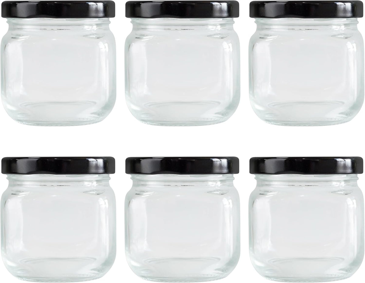 6oz Square Round Glasss Jar with Black Lug Cap, pack of 6