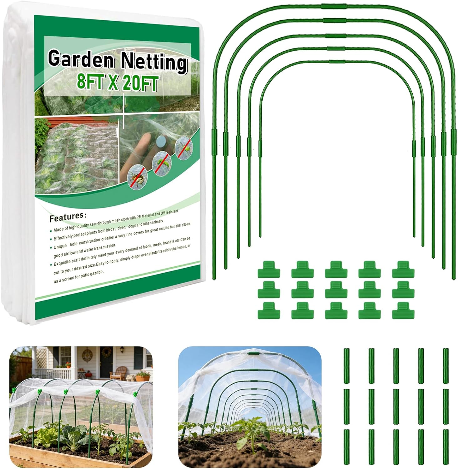 Garden Netting Kit for Raised Beds, Ultra Fine Garden Mesh Netting 8x20ft & 5 Sets Garden Hoops with Clips, Row Cover