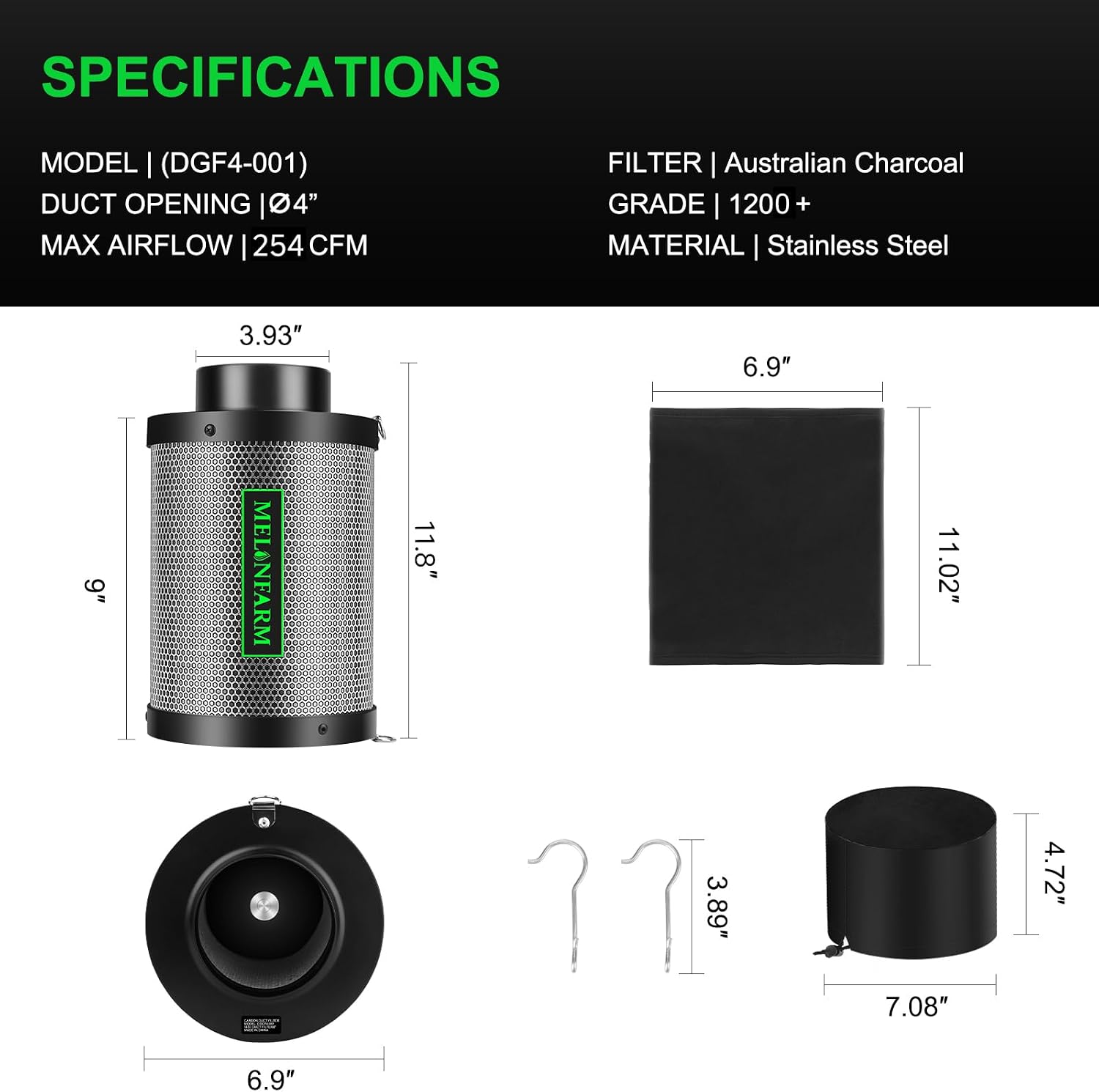 4 Inch Air Carbon Filter Smelliness Control with Australia Virgin Charcoal, Odor Removal Carbon Filter for Grow Tent