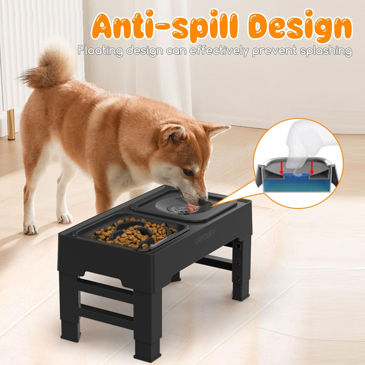 2-in-1 Elevated Slow Feeder Dog Bowls with No-Spill Water Bowl, 4 Height-Adjustable Raised Dog Bowls, Non-Slip Food