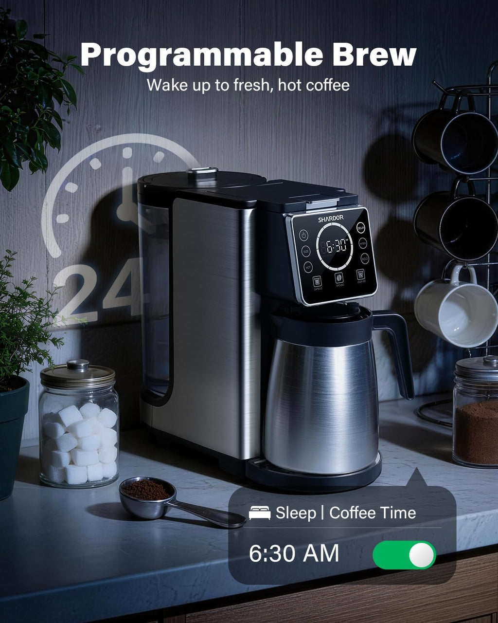 Programmable 5 Cup Drip Coffee Maker, Single Serve Hot & Iced Coffee Machine for K Cup & Grounds, 95oz Removable