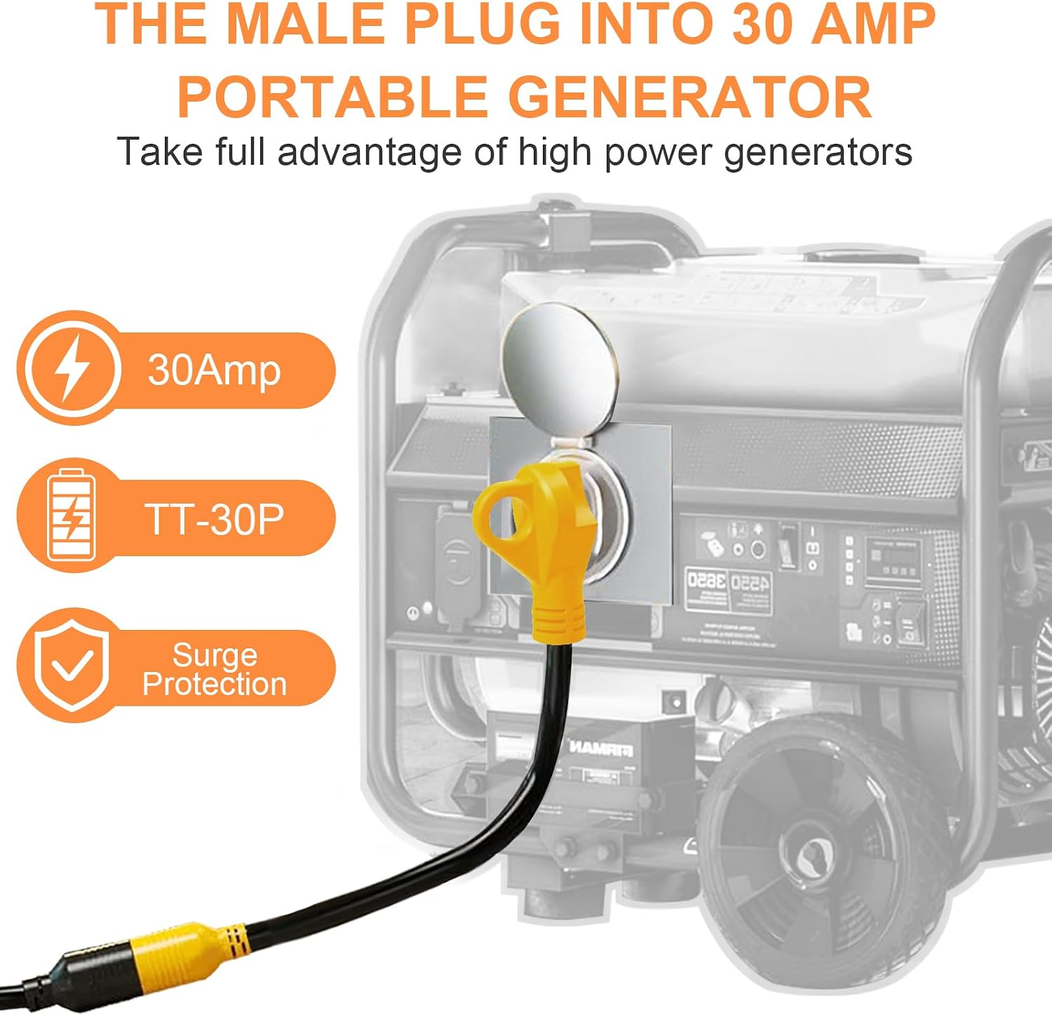 50ft NEMA TT-30P to L14-30R Generator Transfer Switch Adapter Cord | 3 Prong 30 Amp RV Generator TT-30 Male Plug to 4