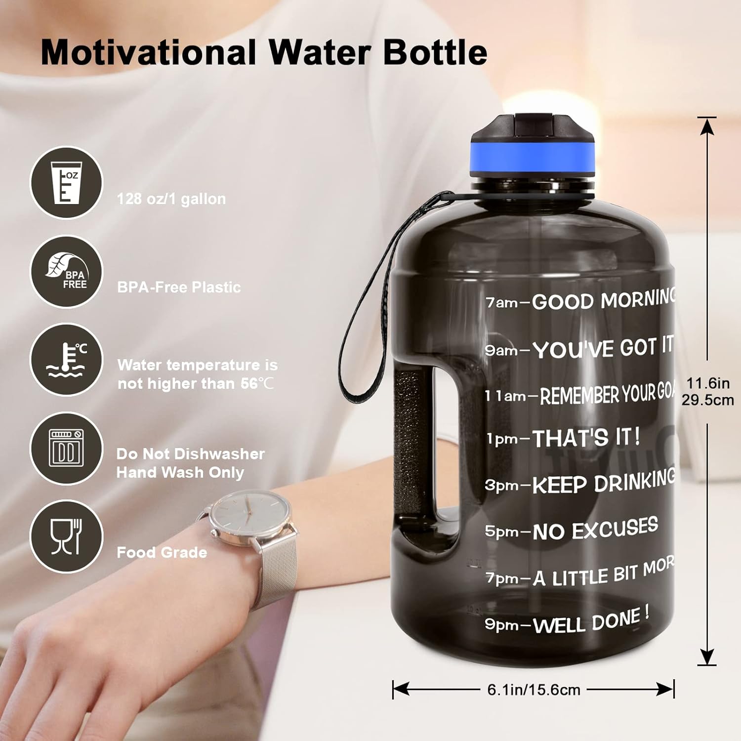 Motivational Gallon Water Bottle - with Straw & Time Marker BPA Free Large Reusable Sport Water Jug with Handle for