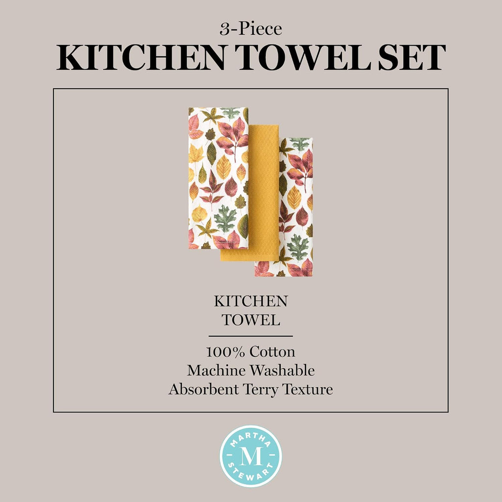 Autumn Harvest Falling Leaves Kitchen Towel 3-Pack Set, 100% Cotton with Absorbent Terrycloth, Decorative Kitchen