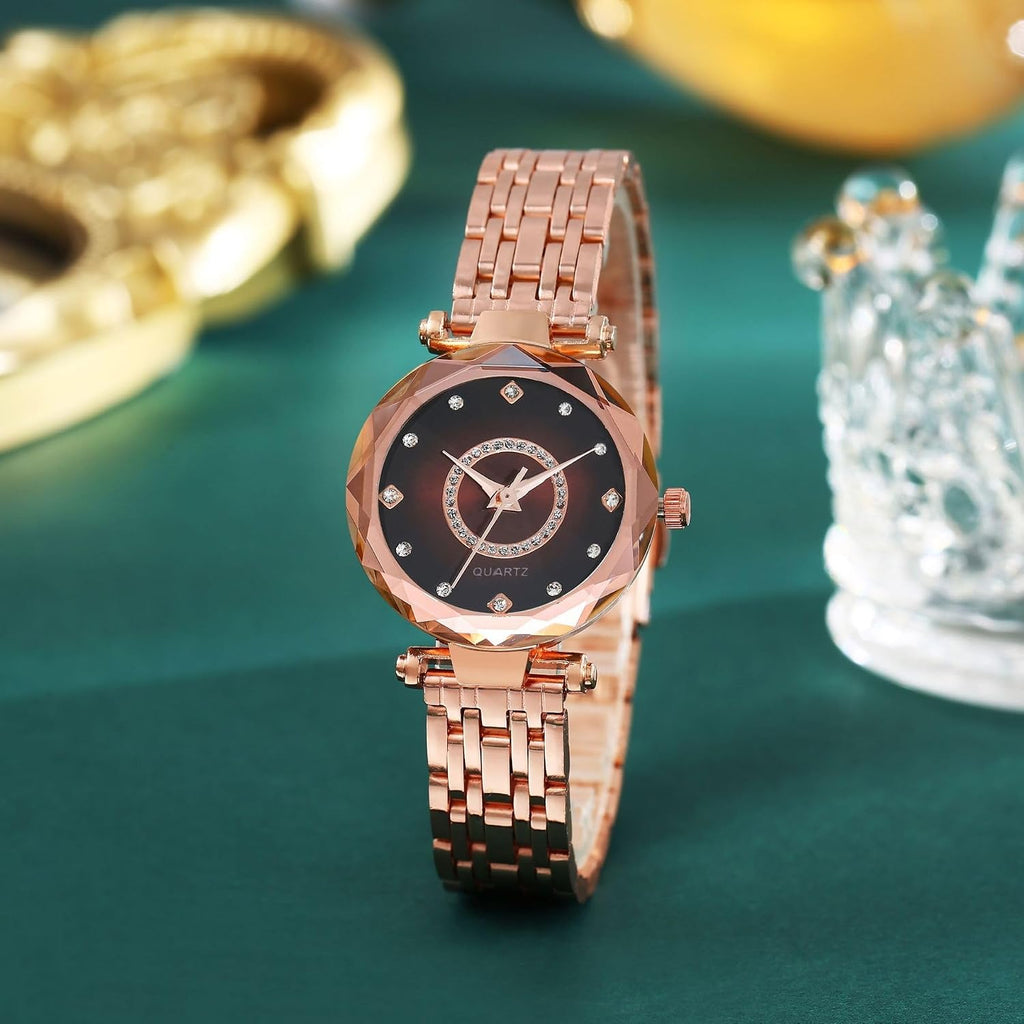 Women Watches with Bracelet Rose Gold for Lady Elegant Stainless Steel Strap Fashion Analog Creative Diamond Dial