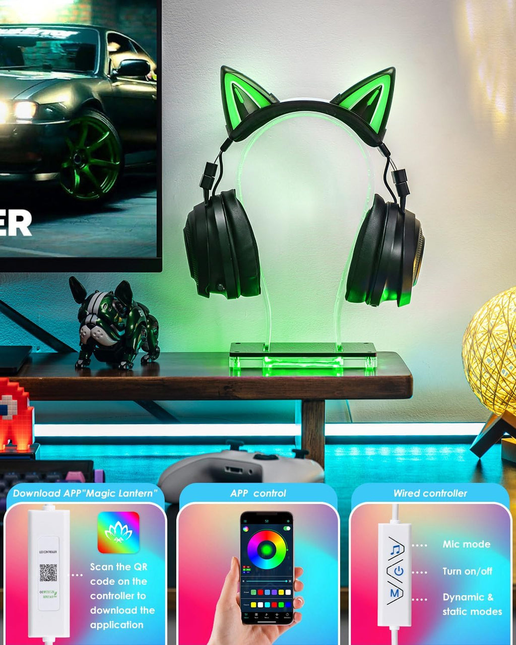 LED Gaming Headphone Stand - RGB Headset Holder for Desk with 60,000+ Colors & App Control, Premium Acrylic USB Light