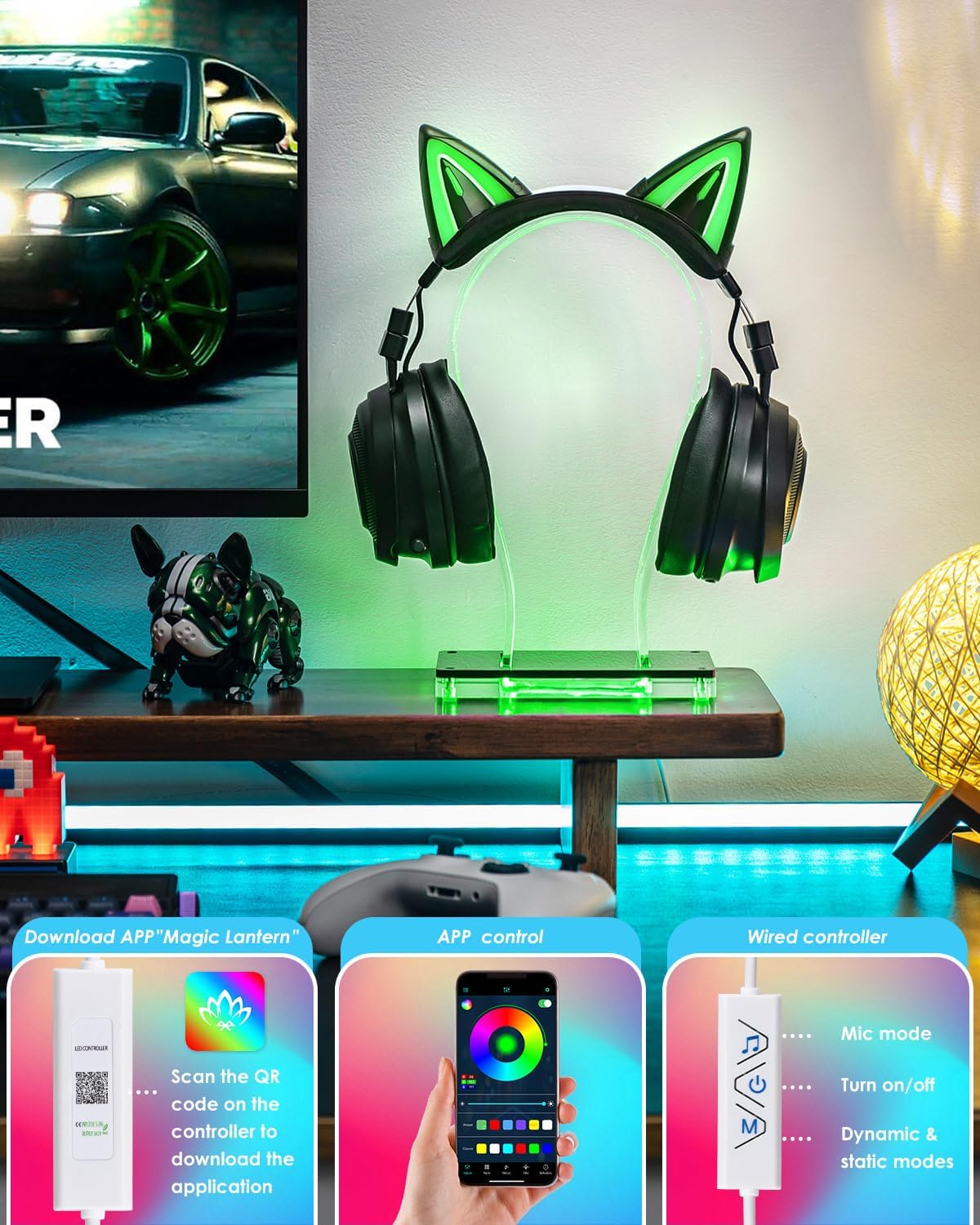 LED Gaming Headphone Stand - RGB Headset Holder for Desk with 60,000+ Colors & App Control, Premium Acrylic USB Light