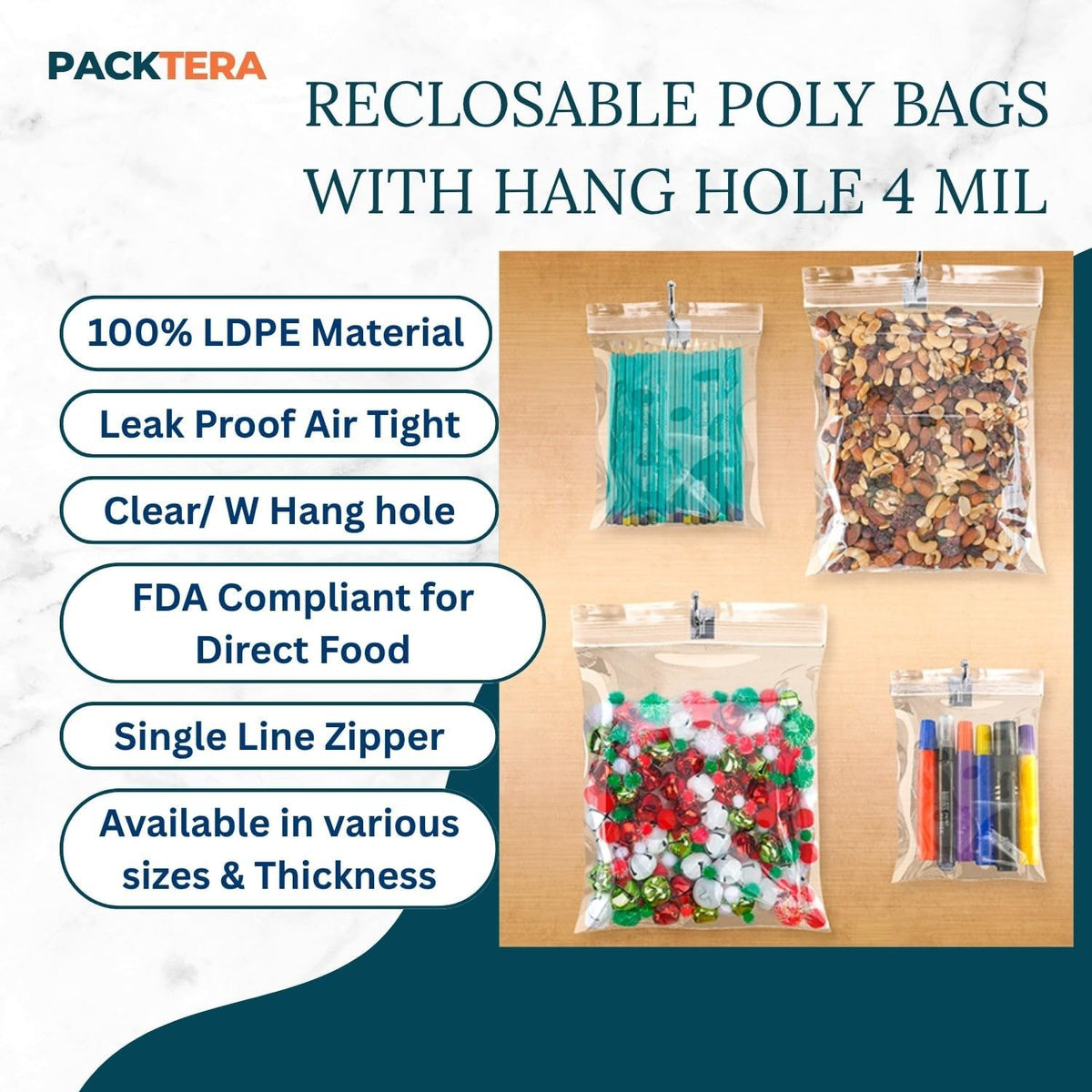 3" X 12" Reclosable Zipper Plastic Poly Bags With Hang Hole 4 Mil LDPE (Pack of 1000) Clear Sealable With Resealable