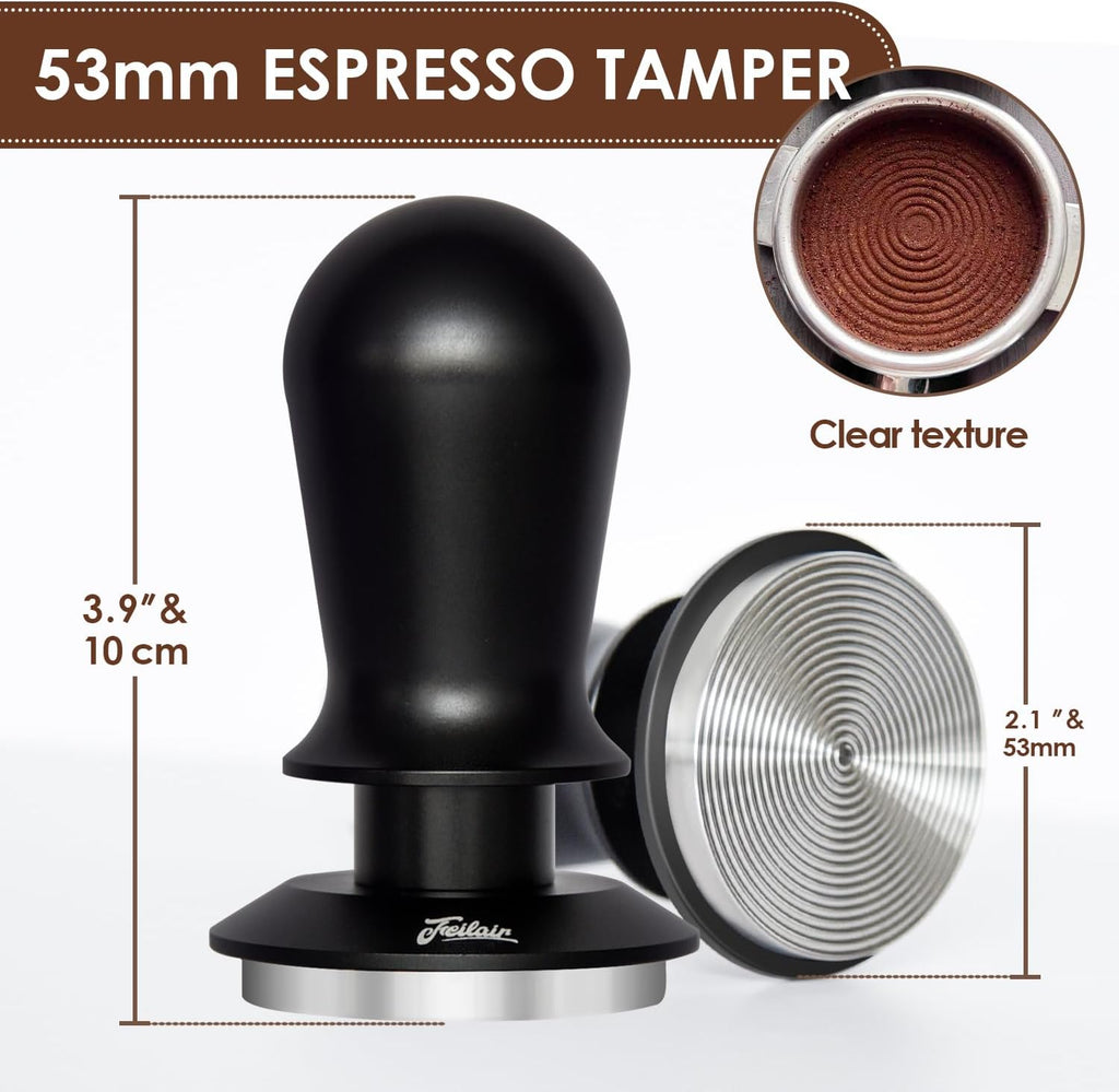 53mm Espresso Tamper, Spring Loaded Self Leveling Coffee Tamper | Audible click signals perfect 30lb pressure;