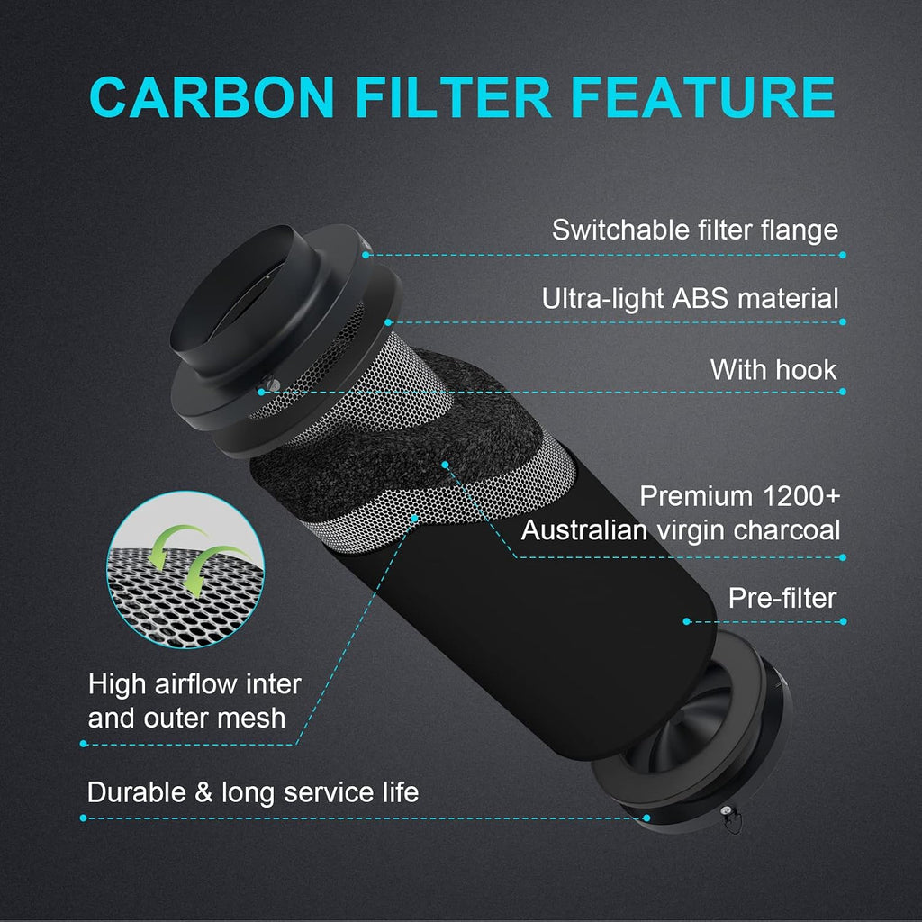 4 Inch 195 CFM Inline fan Circulation Vent Blower, Air Carbon Filter with Hook, 8 Feet Ducting and Rope combo