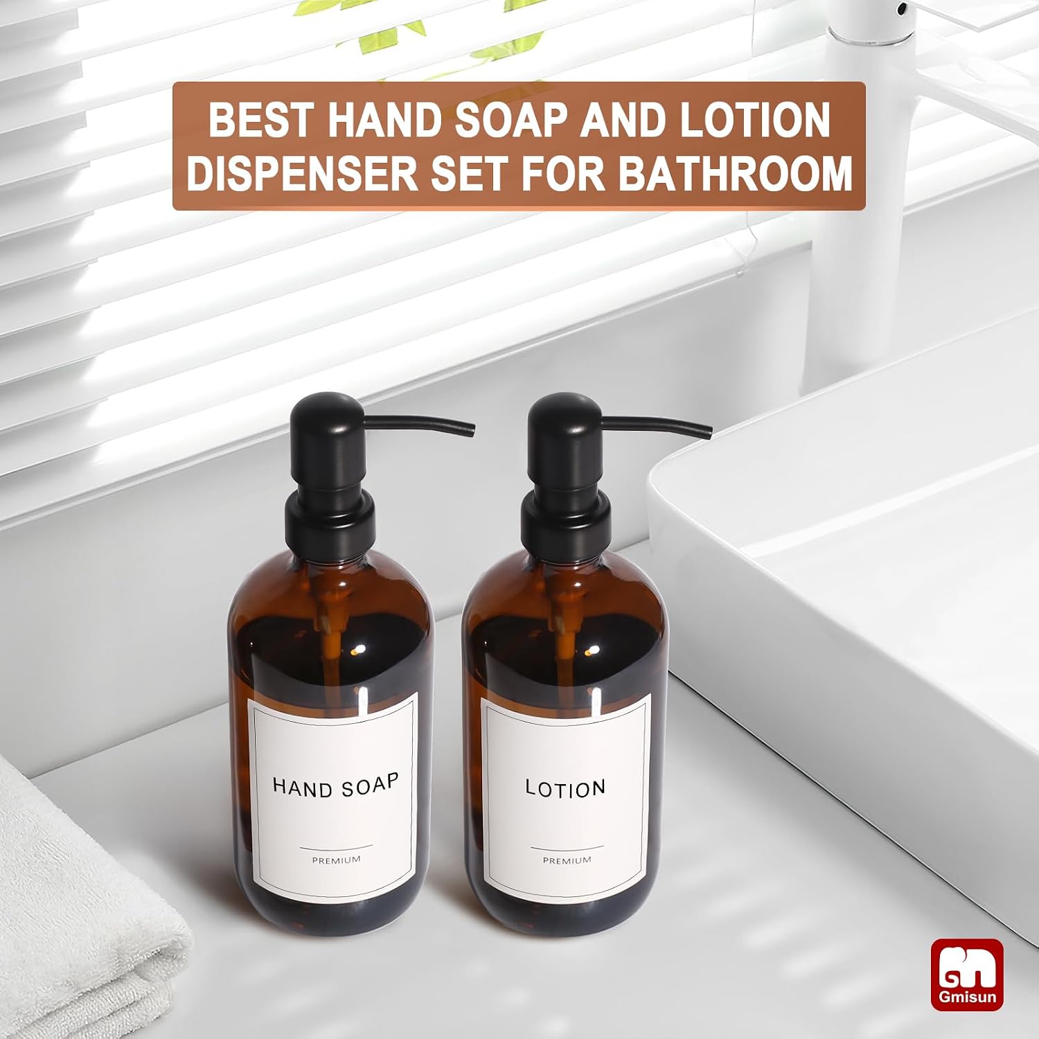 Amber Glass Soap Dispenser, 2 Pack Bathroom Hand Soap Dispensers with Stainless Steel Pump, 17 Fl Oz Kitchen Hand and