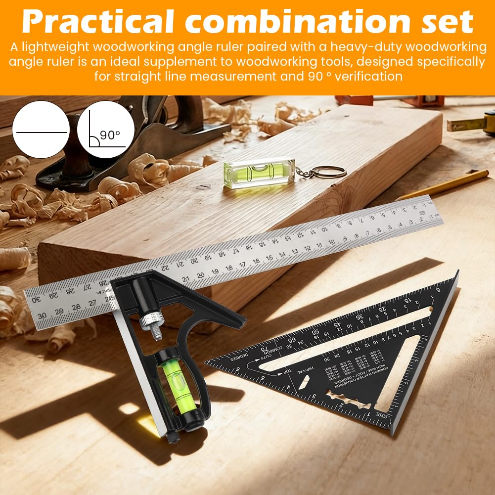 Combination Square Woodworking Ruler Tools,7inch Carpenter Square Wood Working Tools and Accessories,12inch Aluminum