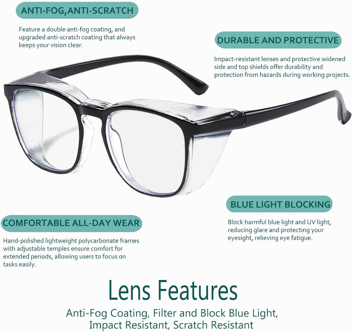 Safety Glasses, Anti Fog Safety Goggles for Women Men, Blue Light Blocking Stylish Eye Protection Glasses Side Shield