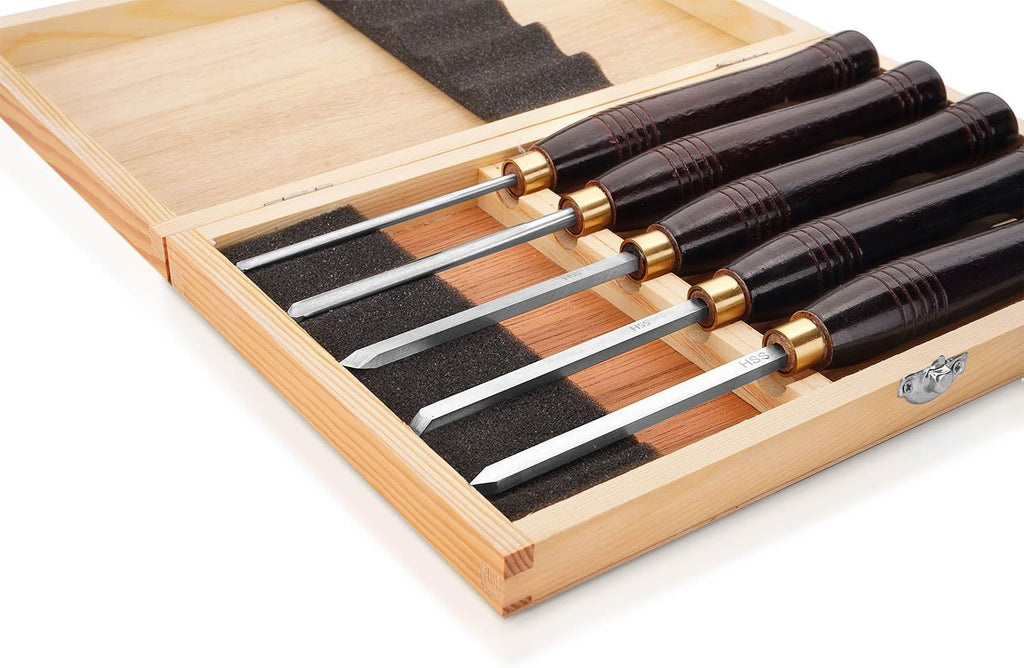 Woodworking HSS Wood Turning Tools Lathe Chisel Set of 5 pcs Mini with Wooden Box, Ideal for Pen Turning and Small