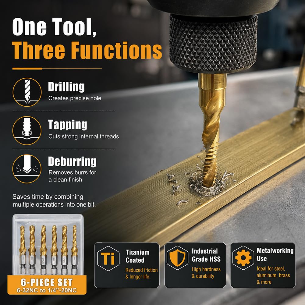 6 Pack Titanium Drill Tap Bit Set, SAE Combination Tap Bits