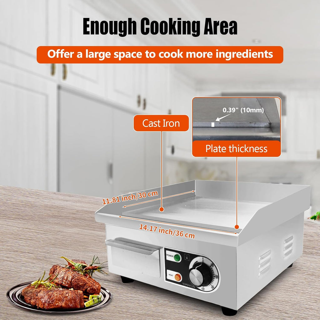 14" Commercial Electric Griddle,Electric Countertop Flat Top Griddle,110V 1500W Electric Flat Top Grill,Non-Stick