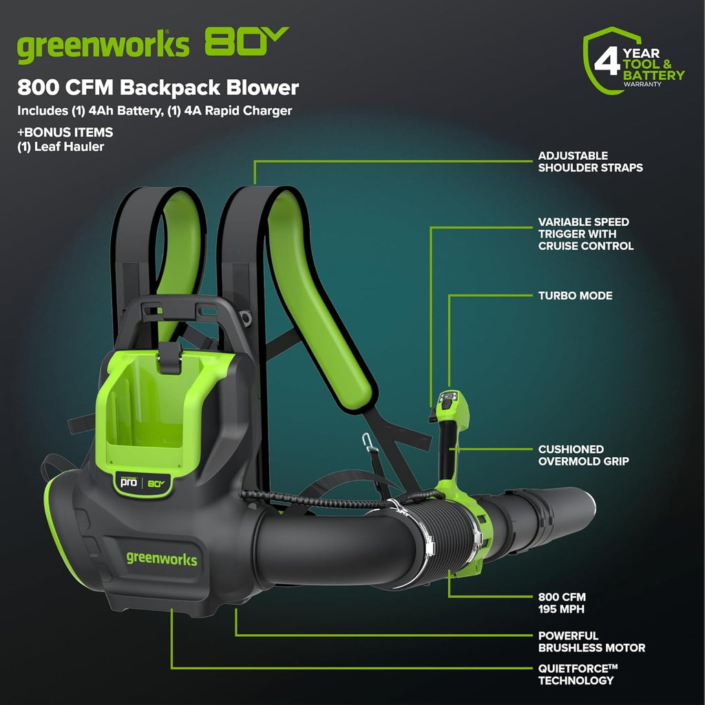 80V 800 CFM Cordless Backpack Blower with Leaf Tarp - 4.0Ah Battery & Rapid Charger, Cruise Control, Turbo Button, 4