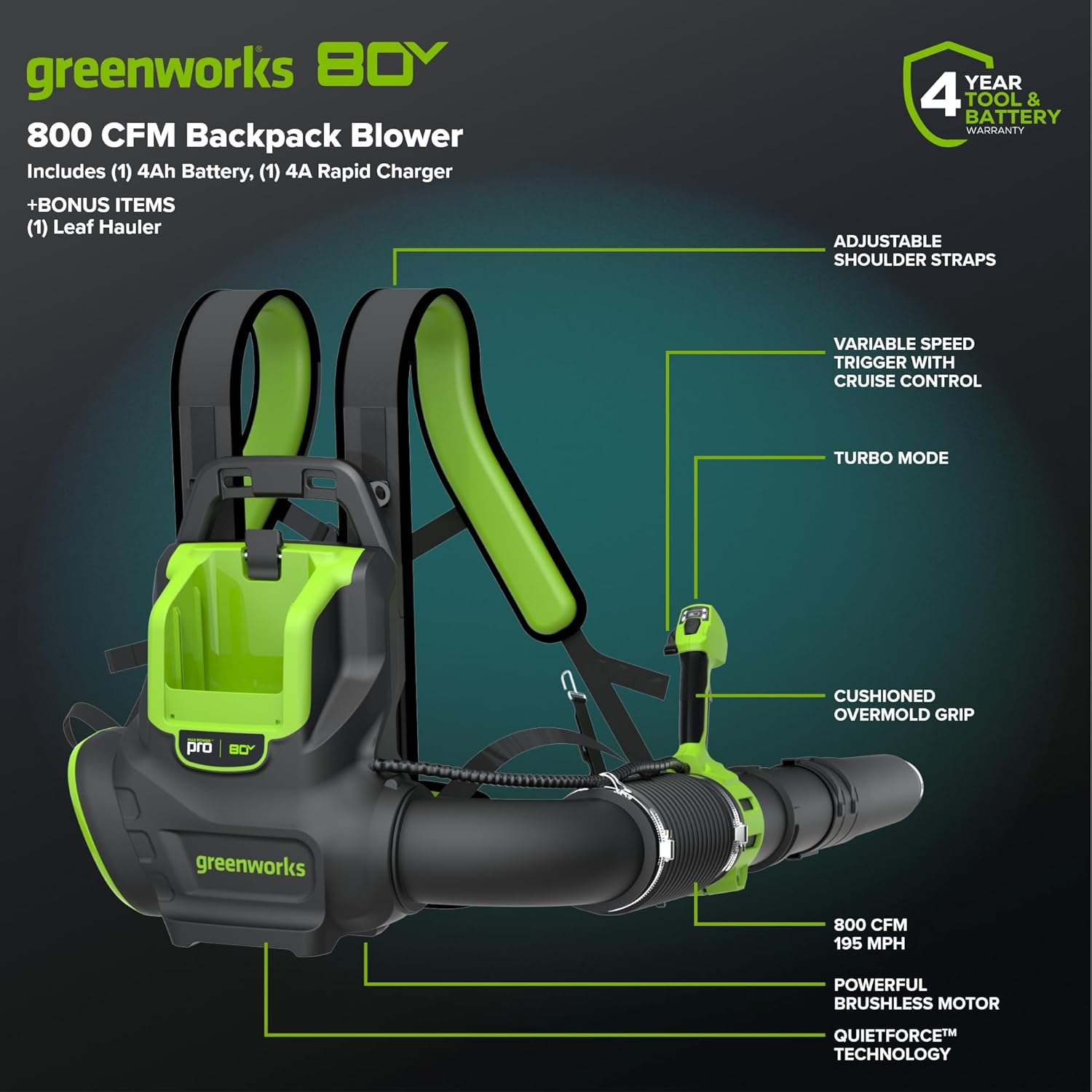 80V 800 CFM Cordless Backpack Blower with Leaf Tarp - 4.0Ah Battery & Rapid Charger, Cruise Control, Turbo Button, 4
