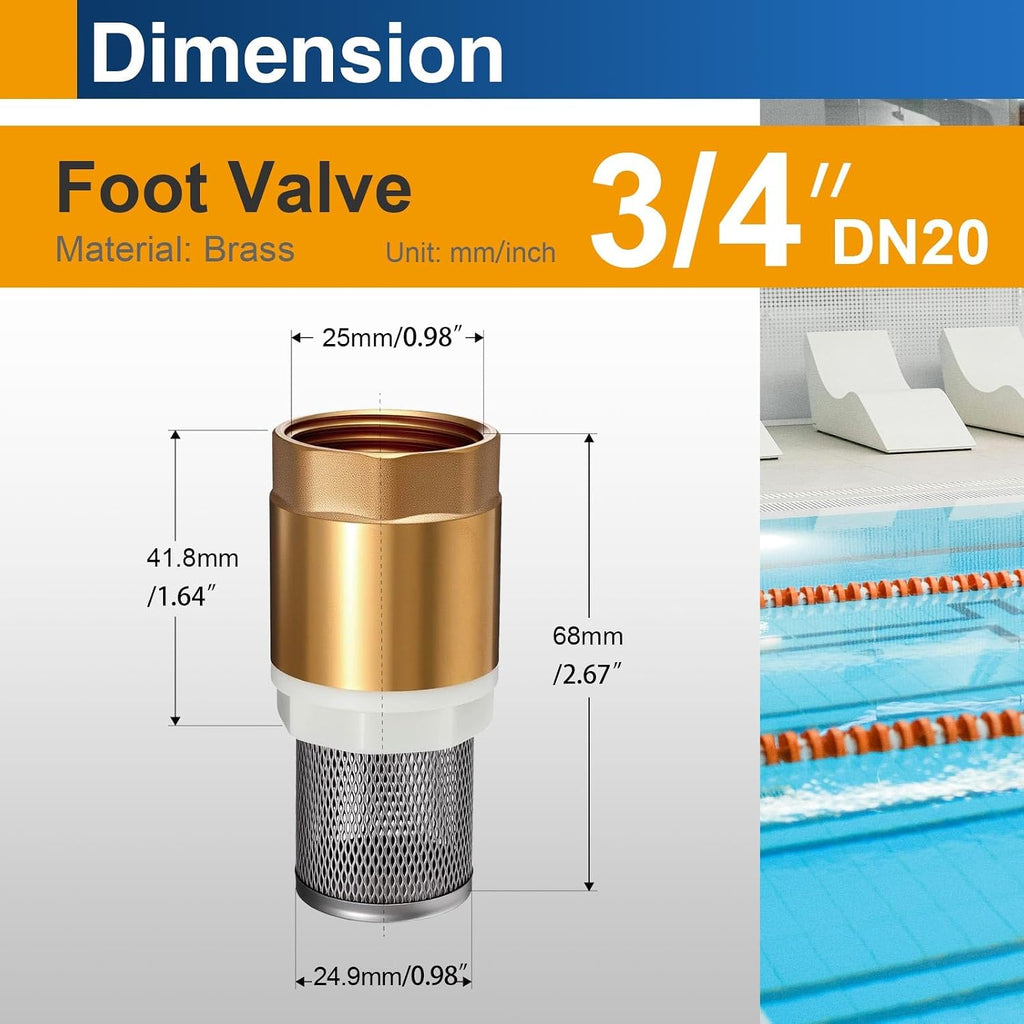 2 Pack 3/4" DN20 Brass Foot Valve with Strainer, Check Valve