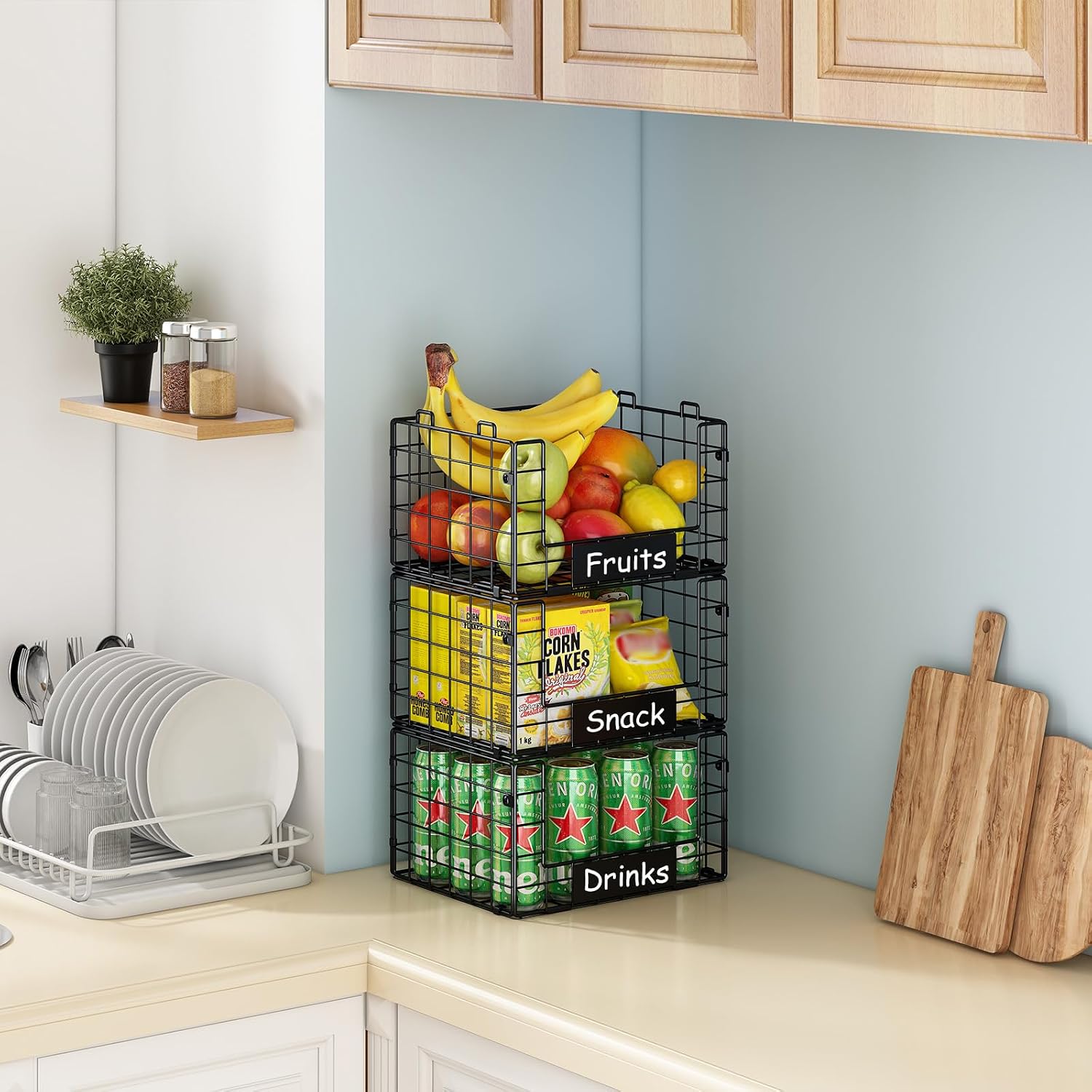 3 Pack Stackable Wire Baskets with NamePlates for Pantry Organizers and Storage, XL Fruit and Vegetable Basket, Metal