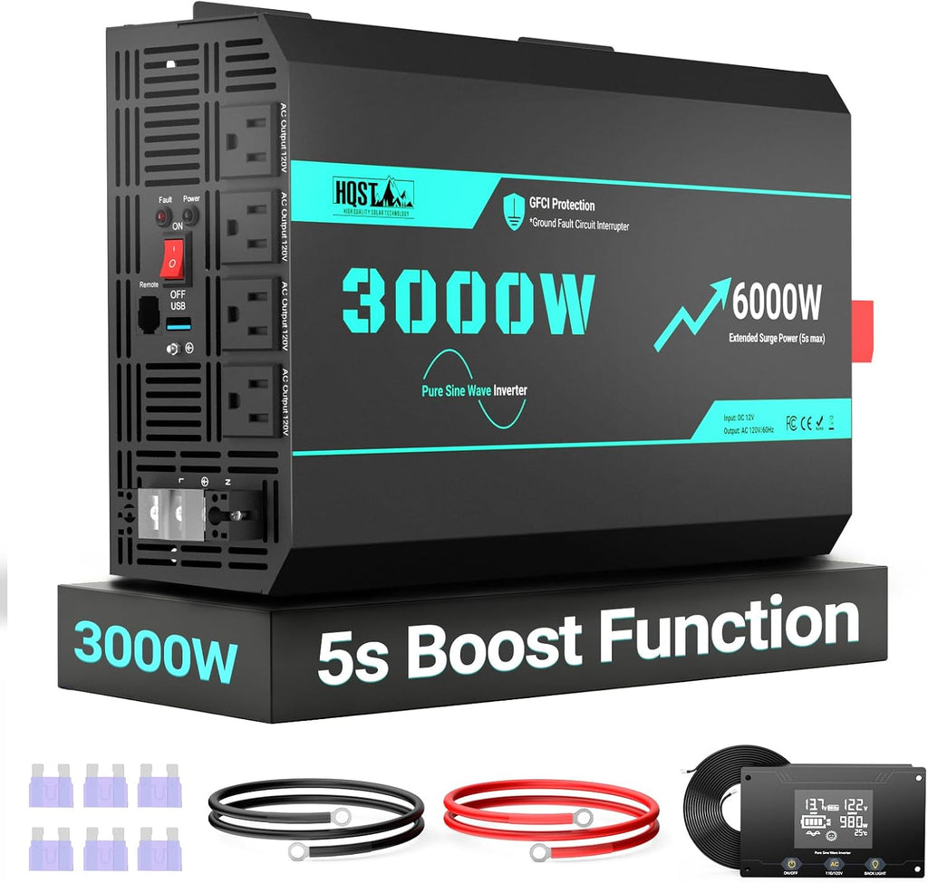 3000W Pure Sine Wave Inverter, 12V to 110V, 6000W Surge, LCD Remote | 5s Boost Function, GFCI Protection, 94%