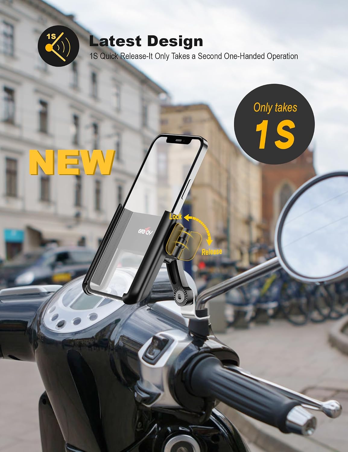 Motorcycle Phone Mount, 1S Quick Release Anti Shake Motorbike Phone Holder for 3.5-7.0 Inch Smartphone for Motorcycle