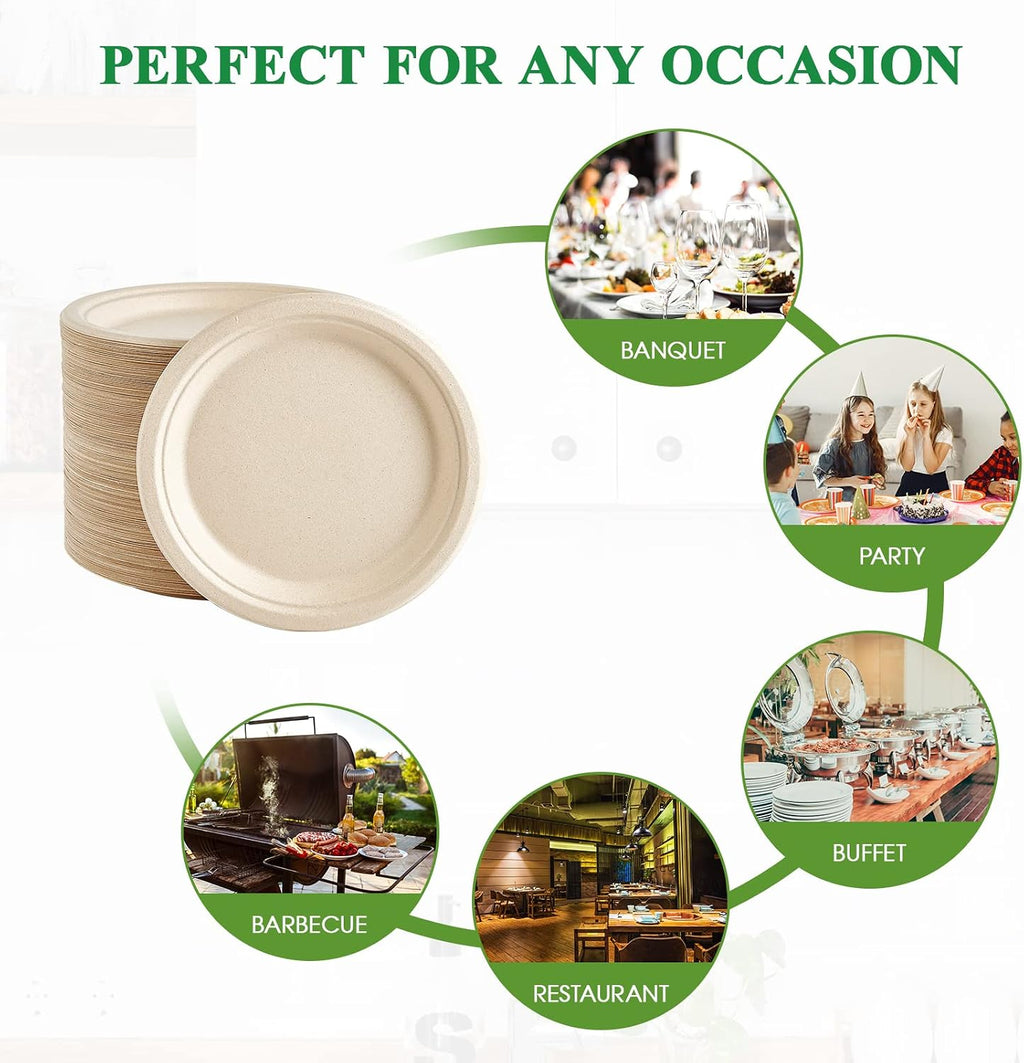 150 Pack Compostable Bagasse Paper Plates 9 inch, Nature