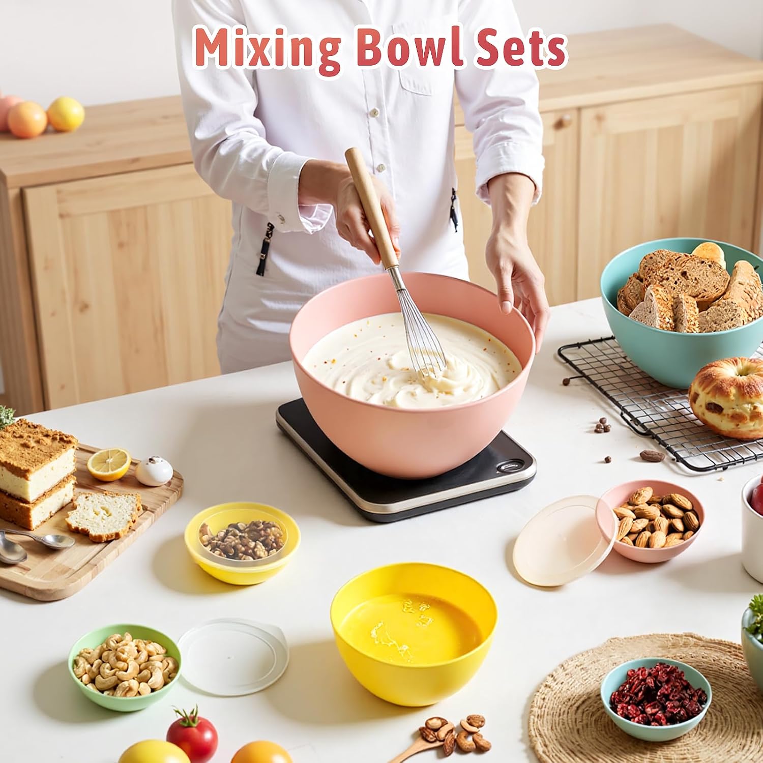 16 Piece Plastic Mixing Bowls with Lids Set - Nesting Bowls Set includes 8 Prep Bowls and 8 Lids, 2-in-1 Spoon-Fork