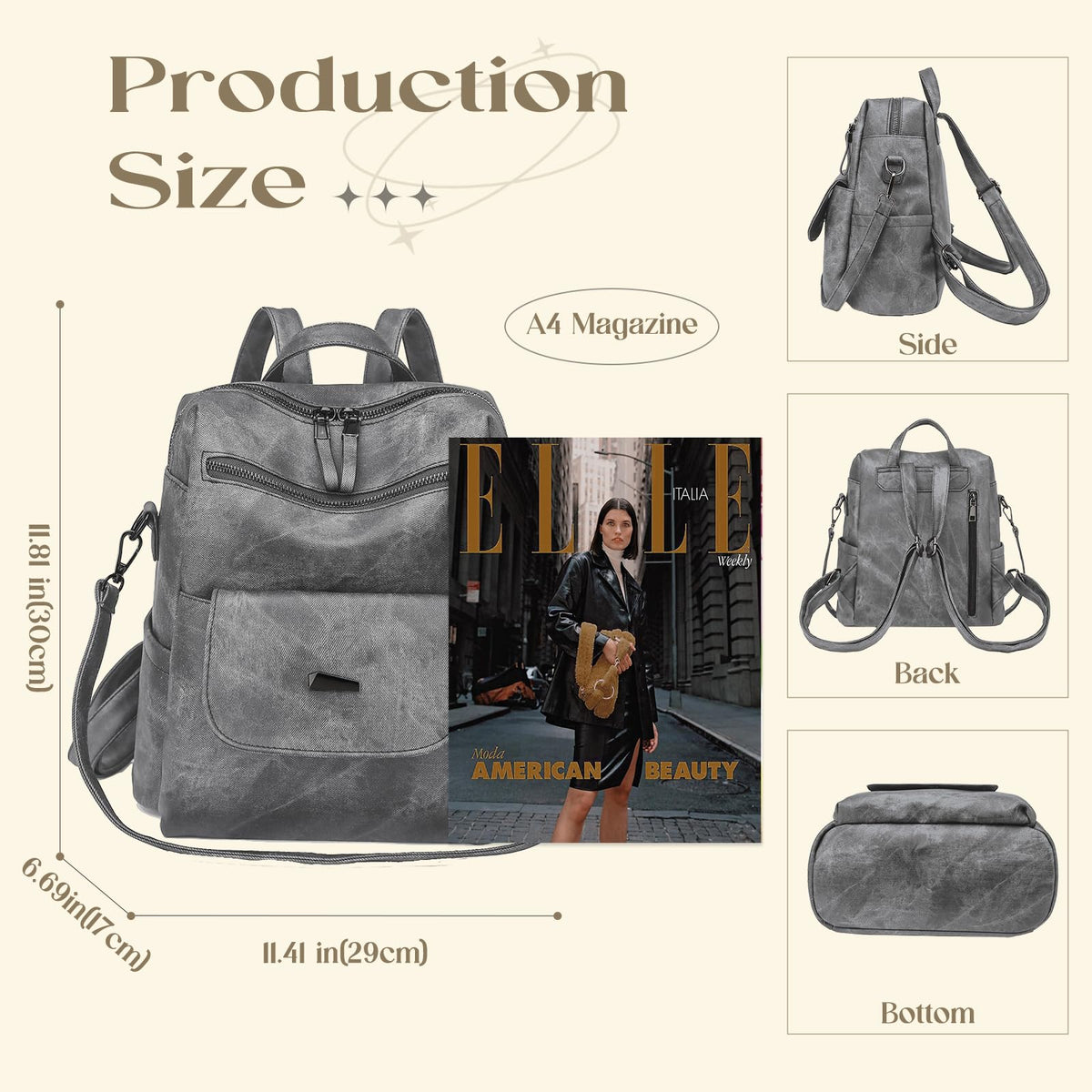 Backpack Purse for Women, PU Leather Ladies Backpack, Grey