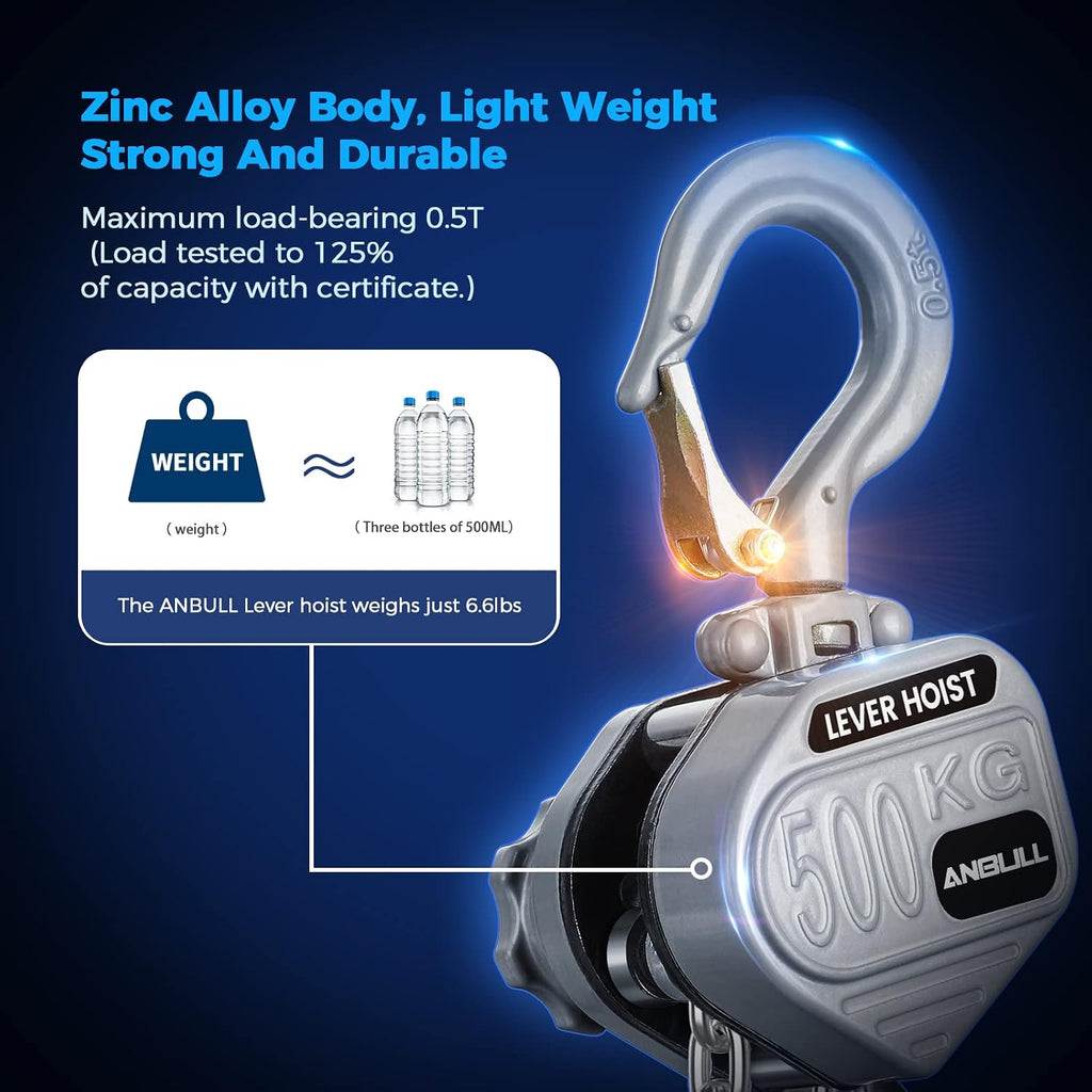 Mini Lever Chain Hoist,0.5 Ton/1100LBS 10FT Manual Come Along Puller | Aluminum Alloy Body with G80 Chain, Equipped