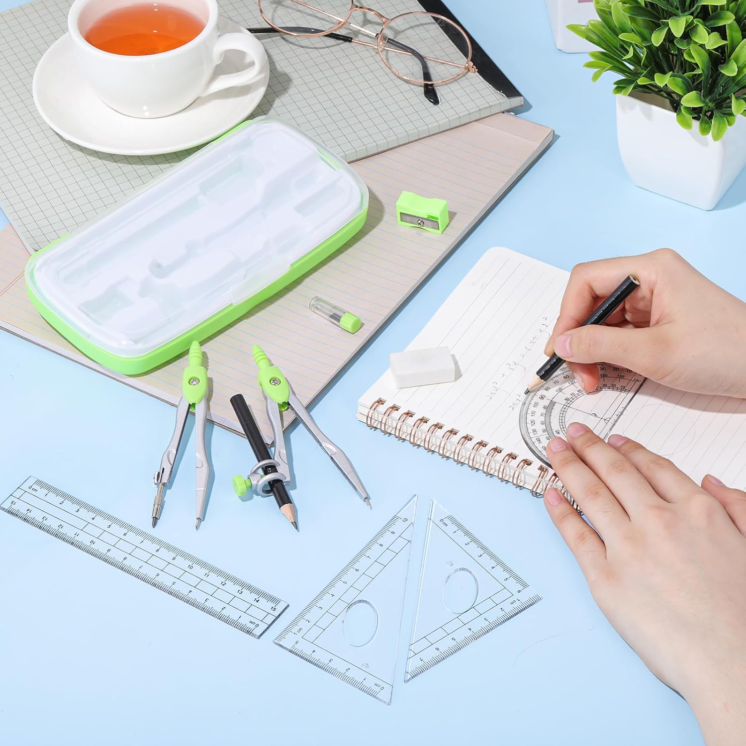 Math Geometry Set for Students 10 Pcs Compass Geometry Tools Kit Includes Protractor Compass Lead Refills Rulers