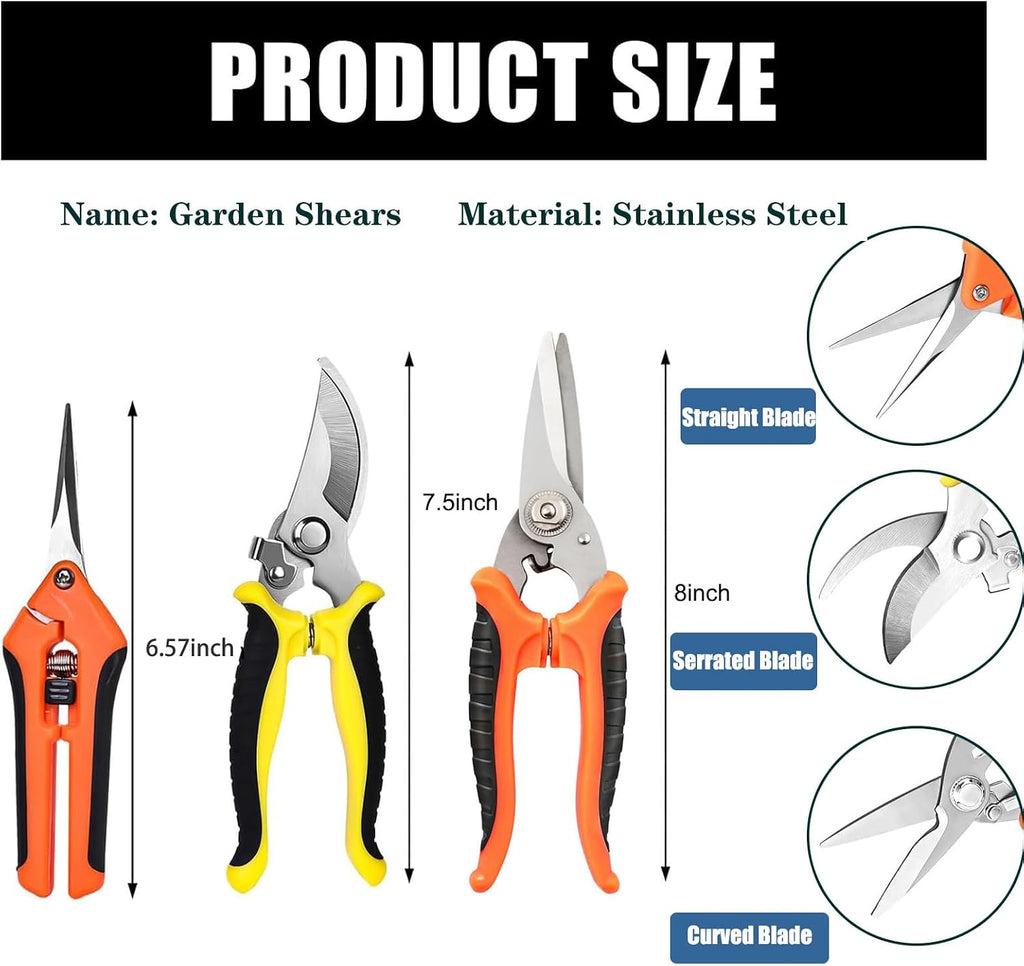 Pruning Shears, 3 Pack Garden Shears, Clippers Handheld, Stainless Steel Garden Snips, Pruners for Gardening