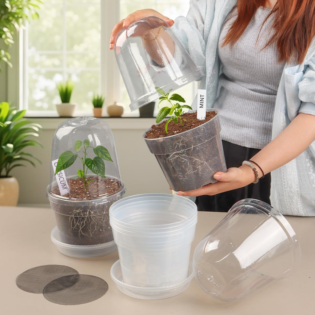 6 Inch Clear Nursery Pots with Humidity Domes 15 Pack, Transparent Plastic Plant Pot with Drainage Holes and Saucers
