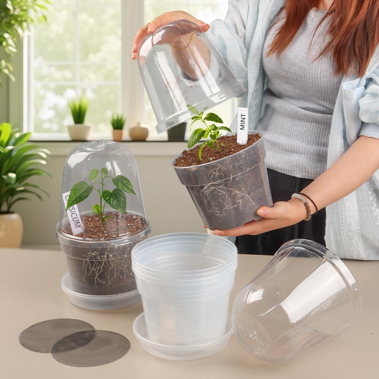 6 Inch Clear Nursery Pots with Humidity Domes 15 Pack, Transparent Plastic Plant Pot with Drainage Holes and Saucers