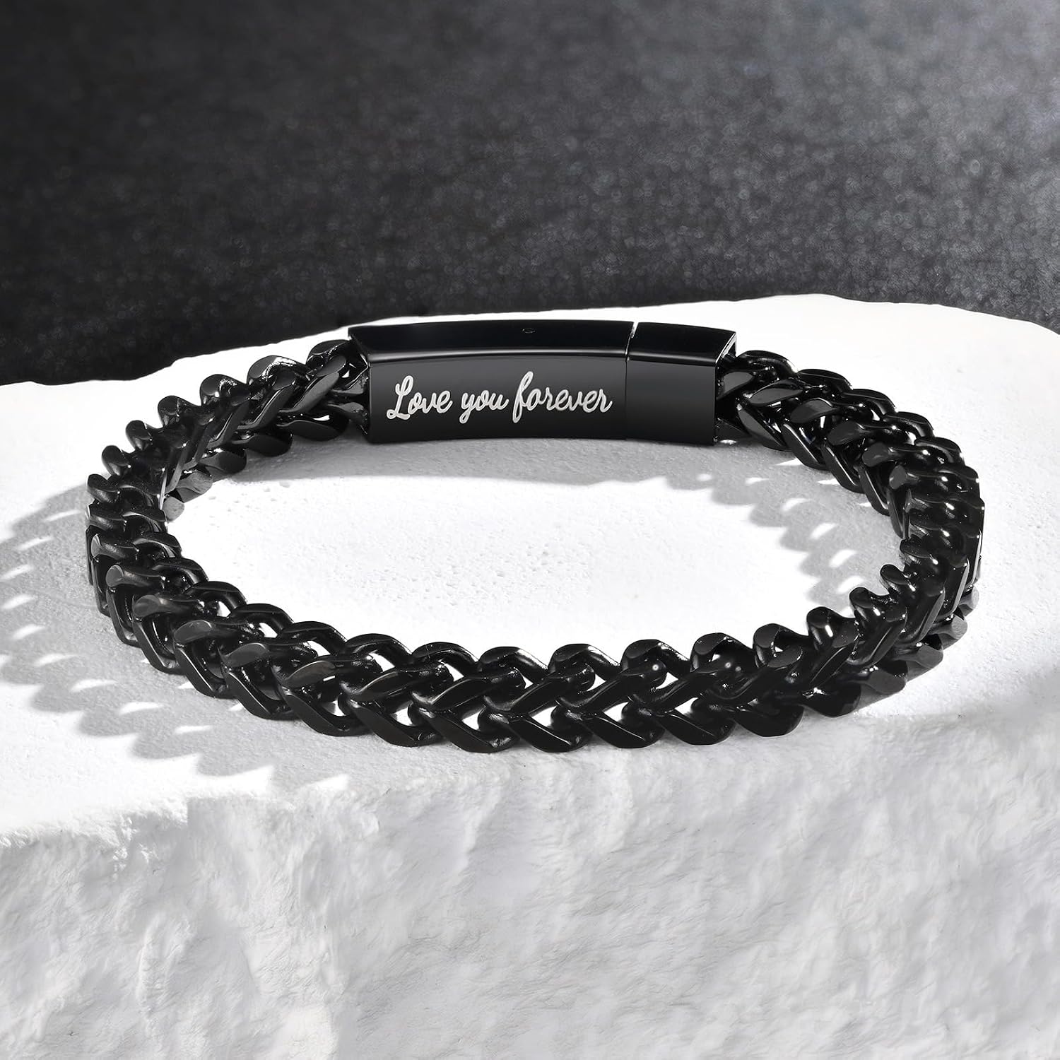 Black Chain Bracelets for Men : Stainless Steel Franco Chains Love you Forever Engraved Link Men's Bracelet to Son