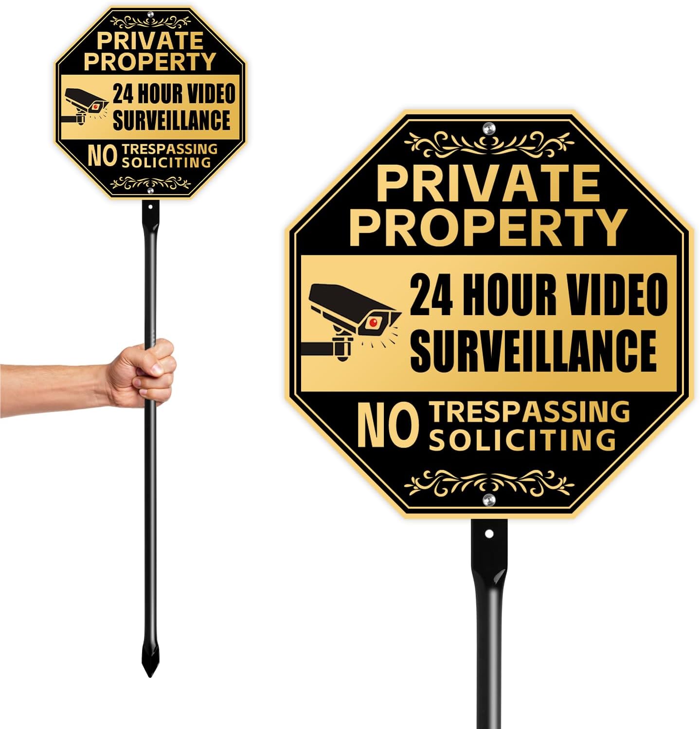 10" x 10" No Soliciting Trespassing Sign with 36" Heavy Duty Steel Stake | Private Property Protected by 24 Hour