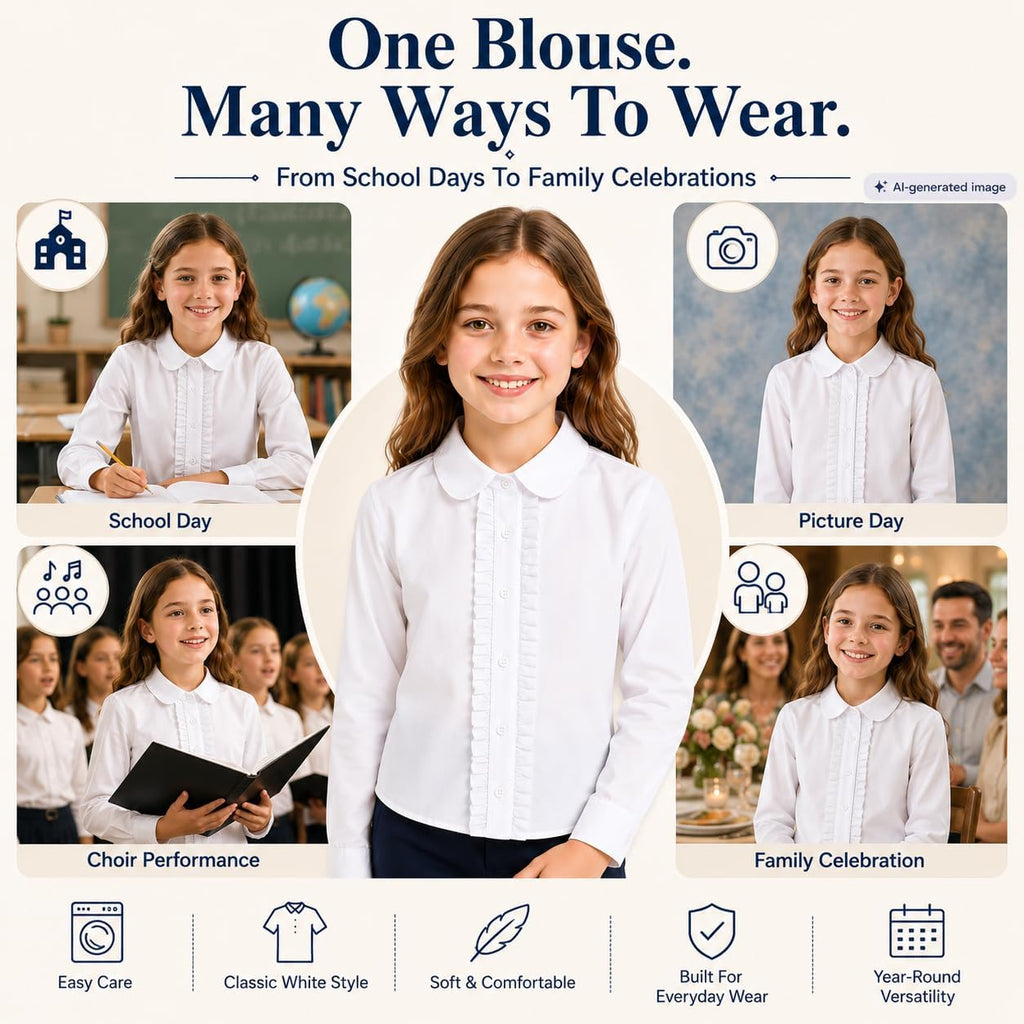 Girl White Ruffle Blouse: Wrinkle-Free School Uniform | Long Sleeve Cotton Collared Dress Shirt, No See-Through