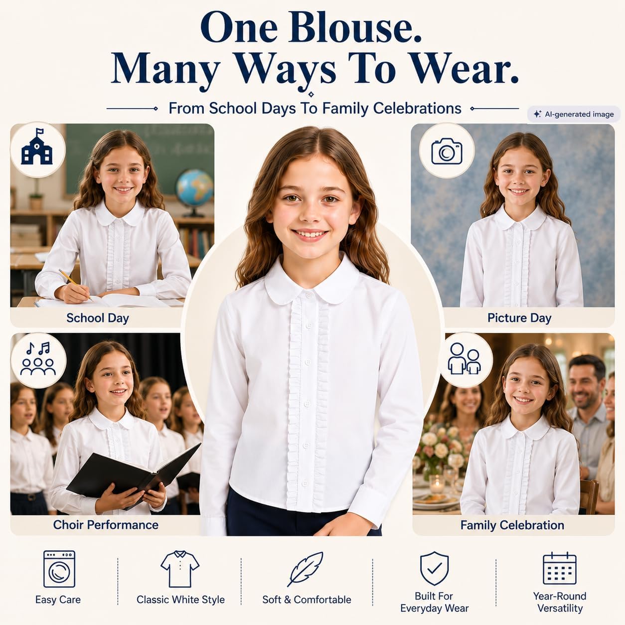 Girl White Ruffle Blouse: Wrinkle-Free School Uniform | Long Sleeve Cotton Collared Dress Shirt, No See-Through