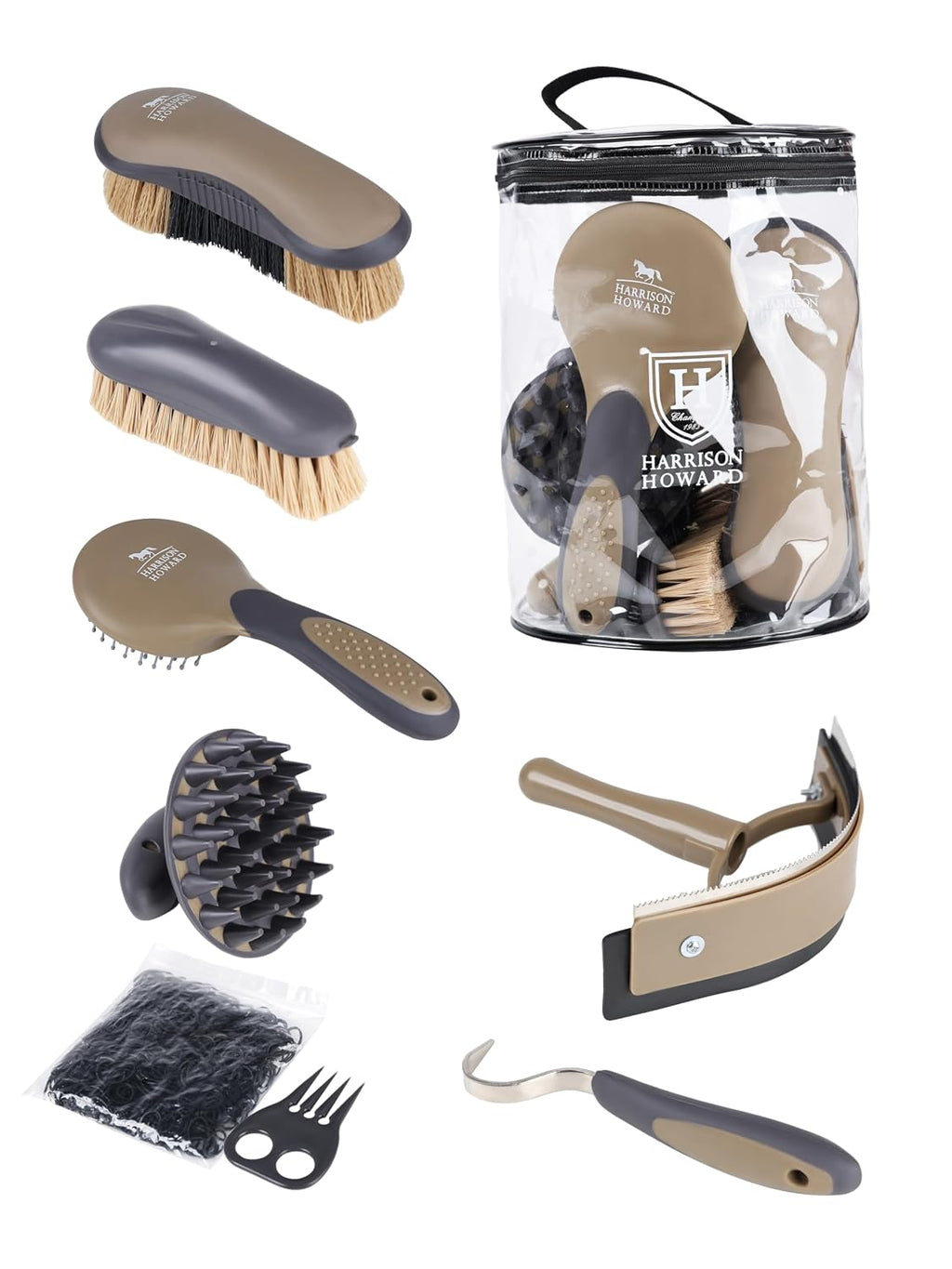 Horse Grooming Kit, 7 Piece Horse Brush Set with Curry Comb, Hoof Pick, Sweat Scraper & Bag Brown