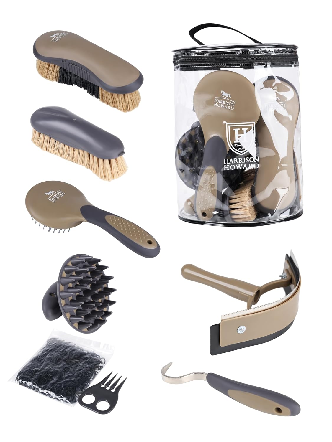 Horse Grooming Kit, 7 Piece Horse Brush Set with Curry Comb, Hoof Pick, Sweat Scraper & Bag Brown