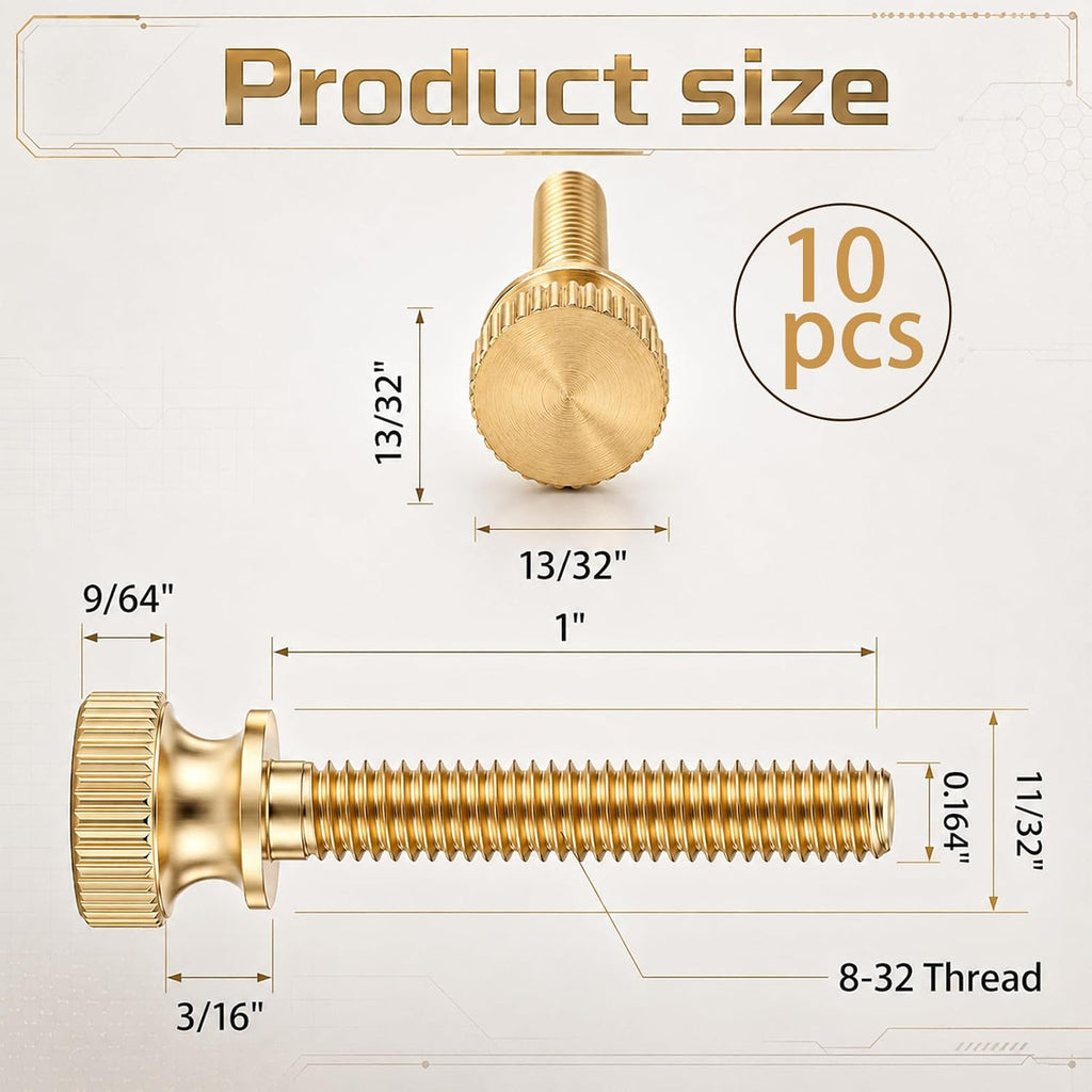 Hicarer 10 Pcs 8-32 x 1 Thumb Screws Brass Knurled, Threaded, Antique
