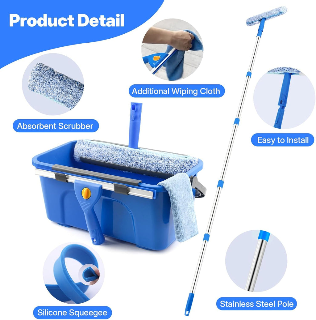 Professional Window Cleaning Kit with Bucket 3 Gallon, 76" Long Handle Window Squeegee and Microfiber Scrubber, High